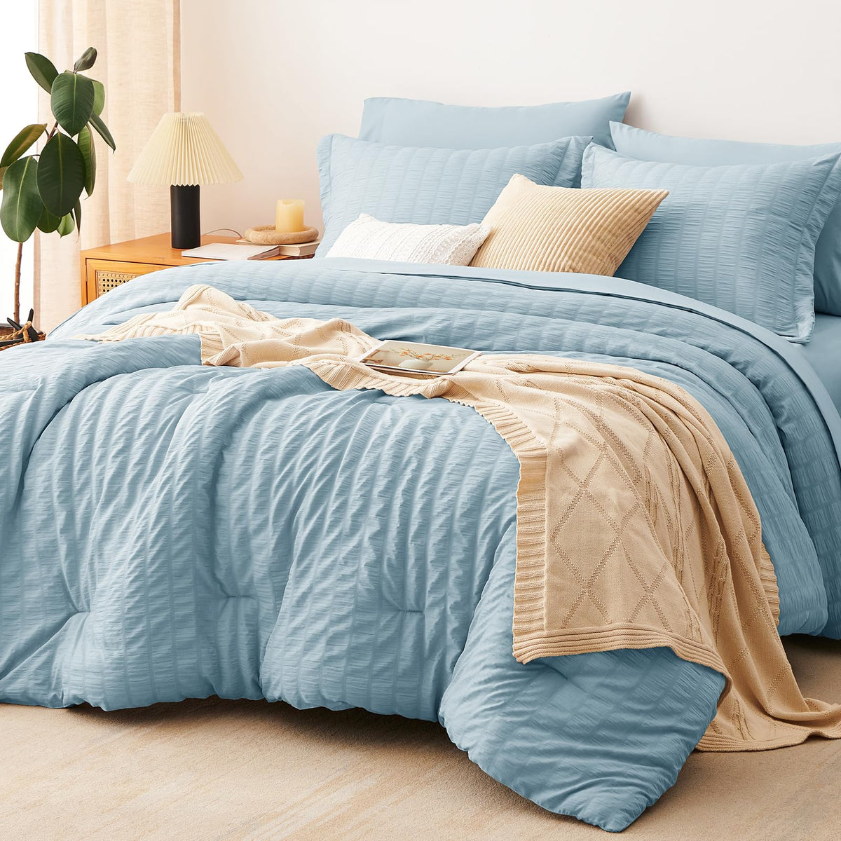 CozyLux juego cama 7 piezas seersucker azul claro para confort todo el año
