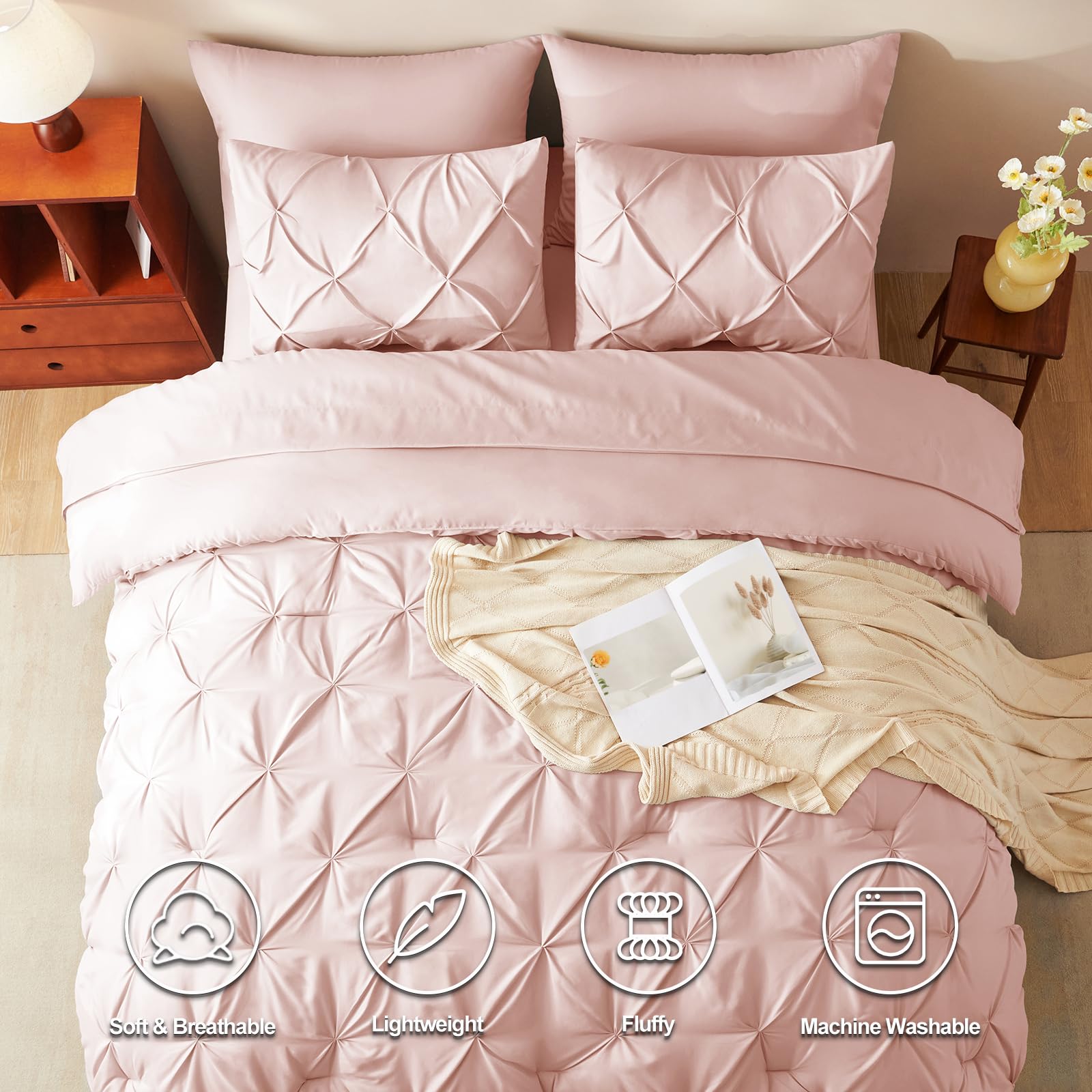 CozyLux sábanas tamaño reina rosa blush, suaves y transpirables para dormir cómodo