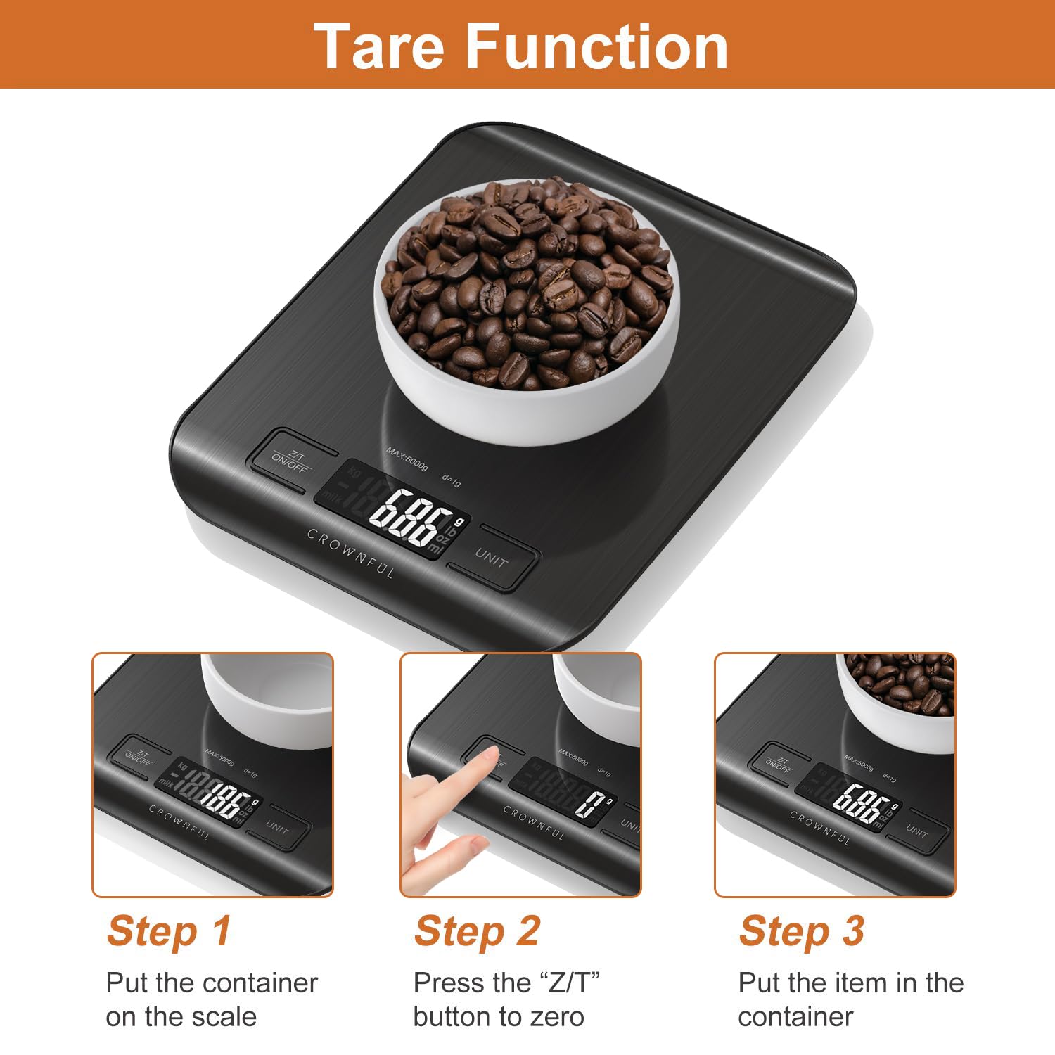 CROWNFUL Balanza con función tara para medir ingredientes sin la pesa del recipiente.