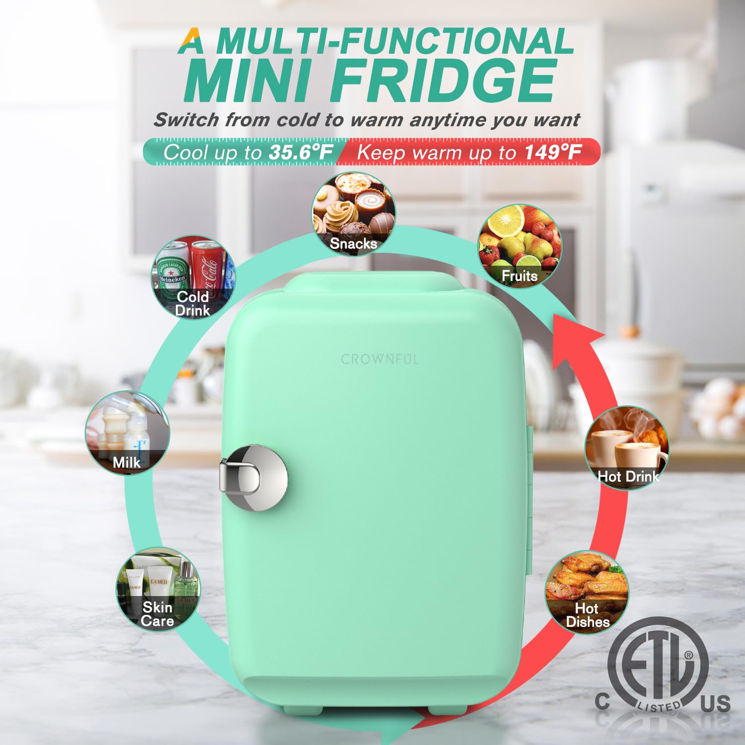 CROWNFUL mini-fridge bebidas: mantiene refrescos fríos y snacks a mano.