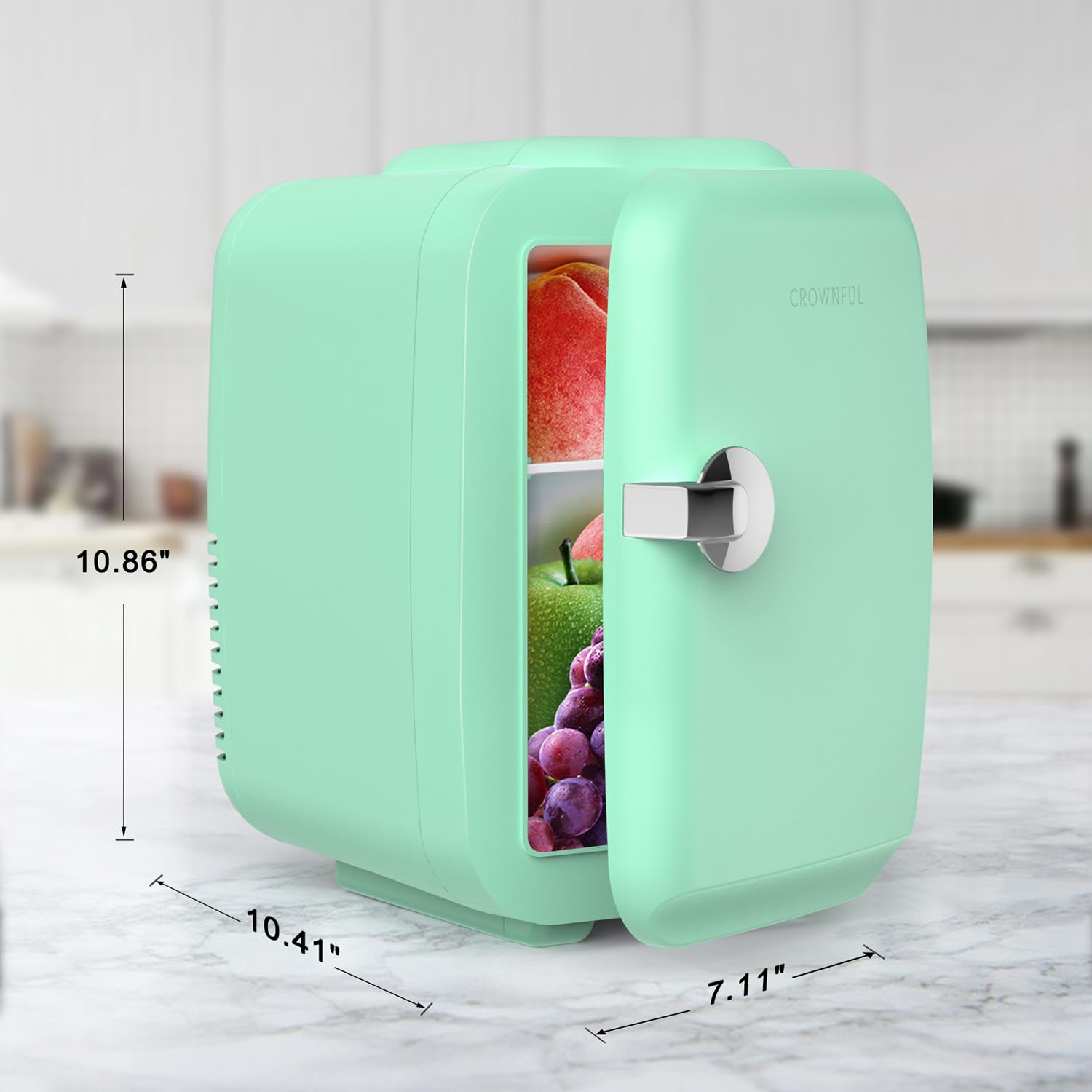CROWNFUL mini-fridge interior ajustable: estante flexible para organizar cosméticos y snacks.