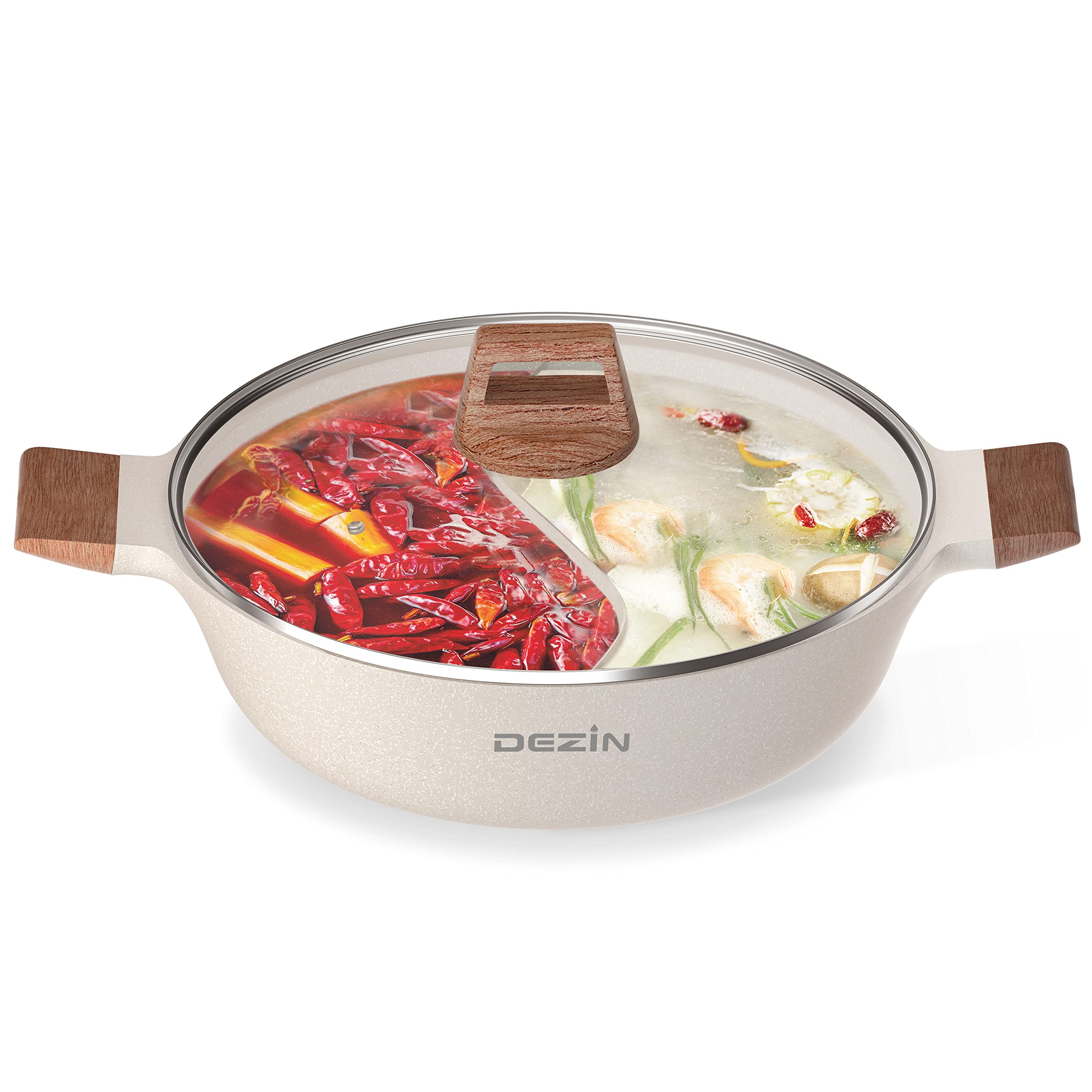 Olla Dezin Shabu Shabu con divisor para dos caldos, ideal para reuniones.