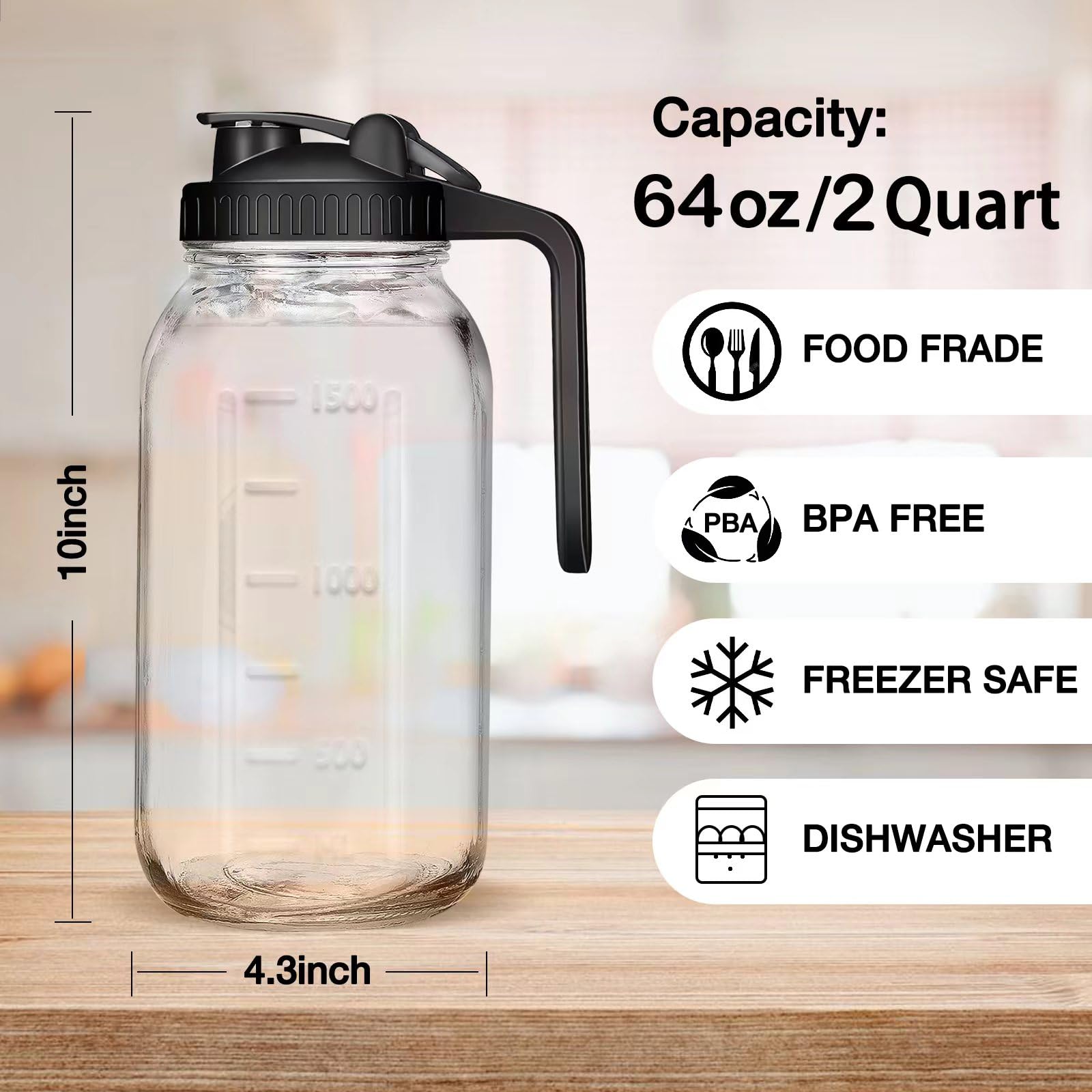 Jarra DIBOLASC Mason 64oz con asa ergonómica para verter con comodidad.