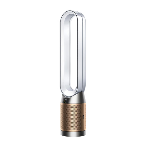 Dyson Purificador TP09 frontal en blanco y oro para aire más limpio en toda la habitación.