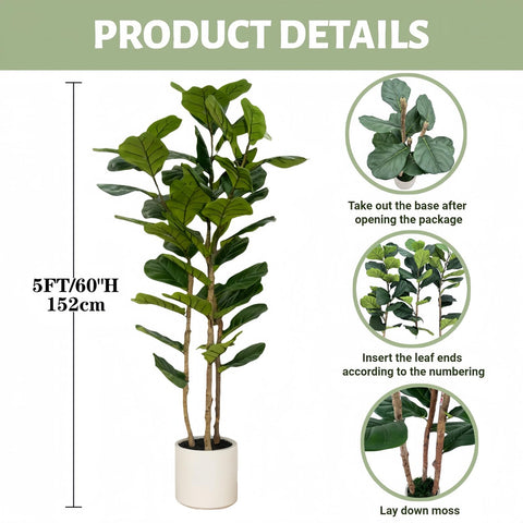 FLRLIVING arbol artificial ficus lyrata 5ft con hojas de textura natural, ideal para decorar espacios.