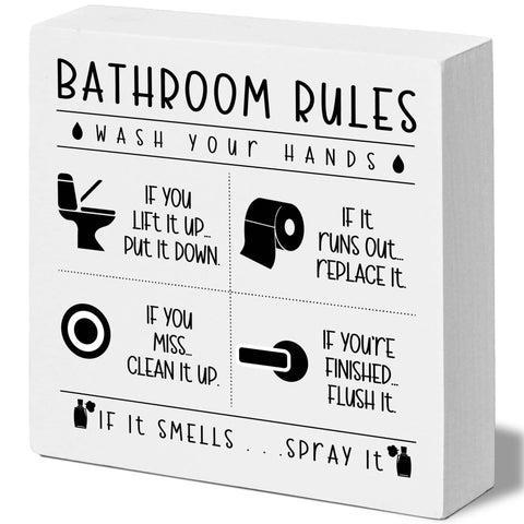 FUQWZ señal de baño en caja de madera con reglas, decoración humorística.
