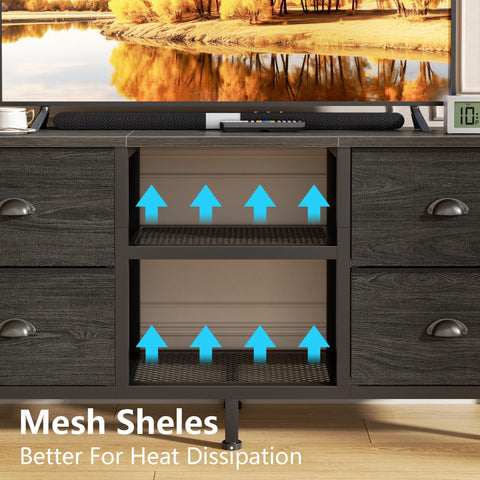 Furologee estantería para TV con cajones de tela para ordenar mandos.