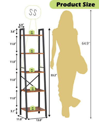 Furologee escalera de 5 estantes vista lateral, estilo industrial con marco de metal negro.