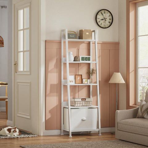 Furologee estantería escalera con cajón removible blanco para almacenamiento ligero.