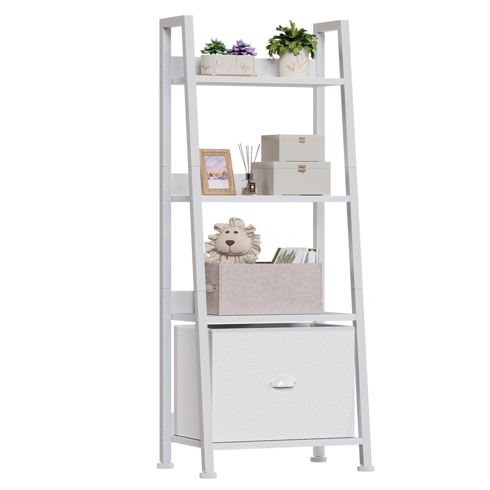 Furologee estantería escalera cuatro-niveles blanca para organizar libros y plantas.