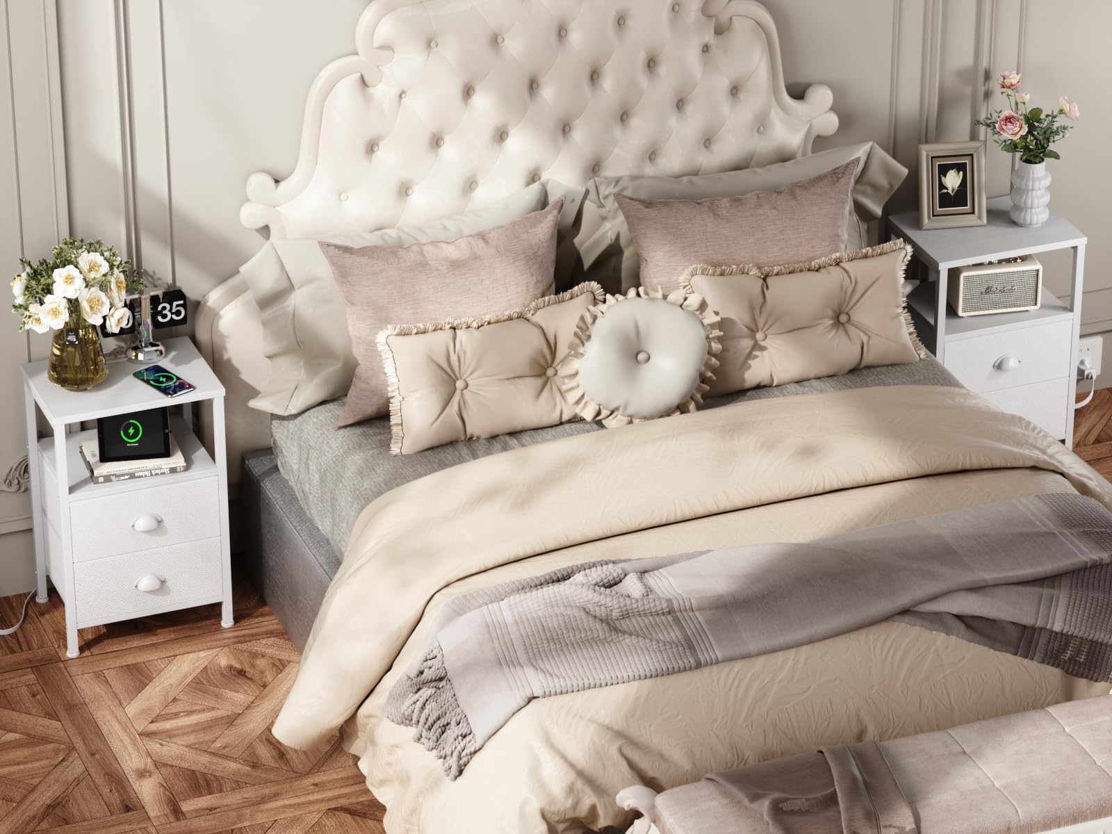 Furologee Set de dos mesas de noche blanco para dormitorio moderno.