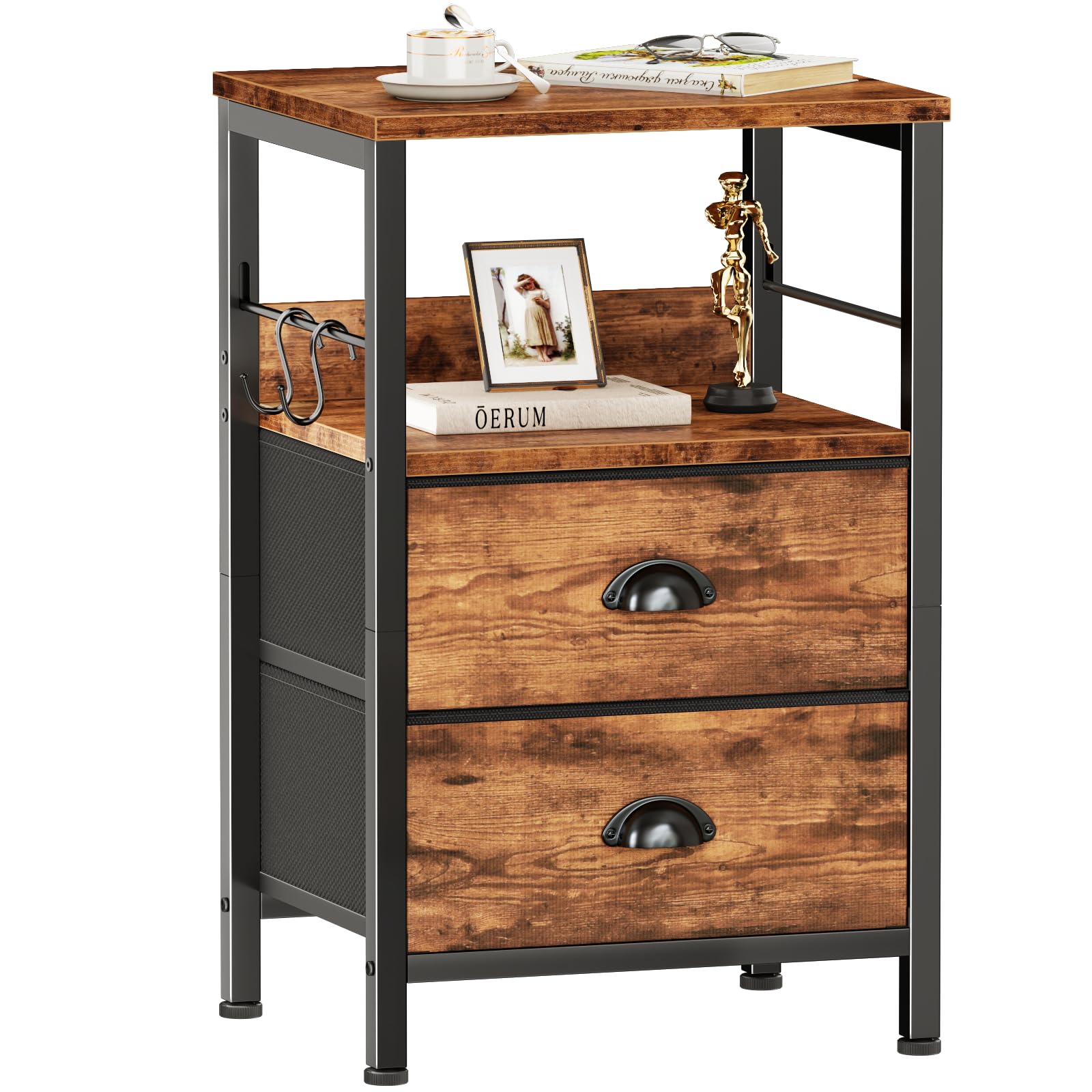 Furologee mesita de noche con dos cajones de tela para almacenamiento ligero y organizado.