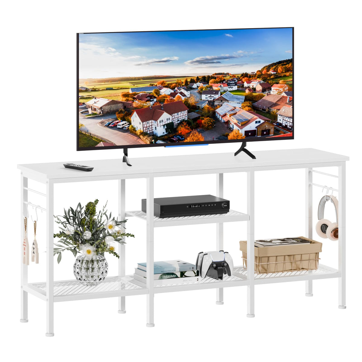 Furologee Mueble TV blanco, frente limpio y compacto para sala ordenada.