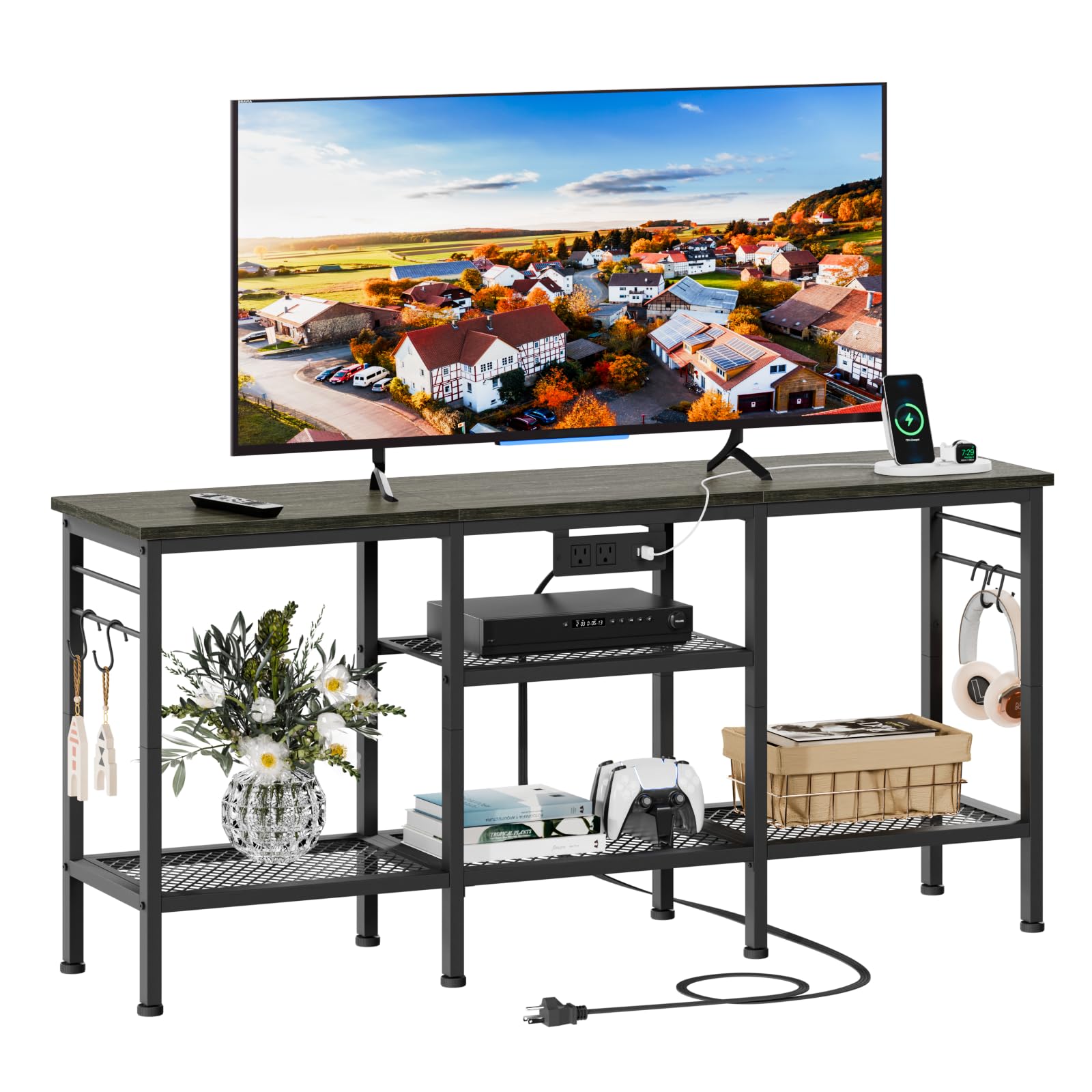 Furologee mueble TV con enchufe: carga rápida para dispositivos.