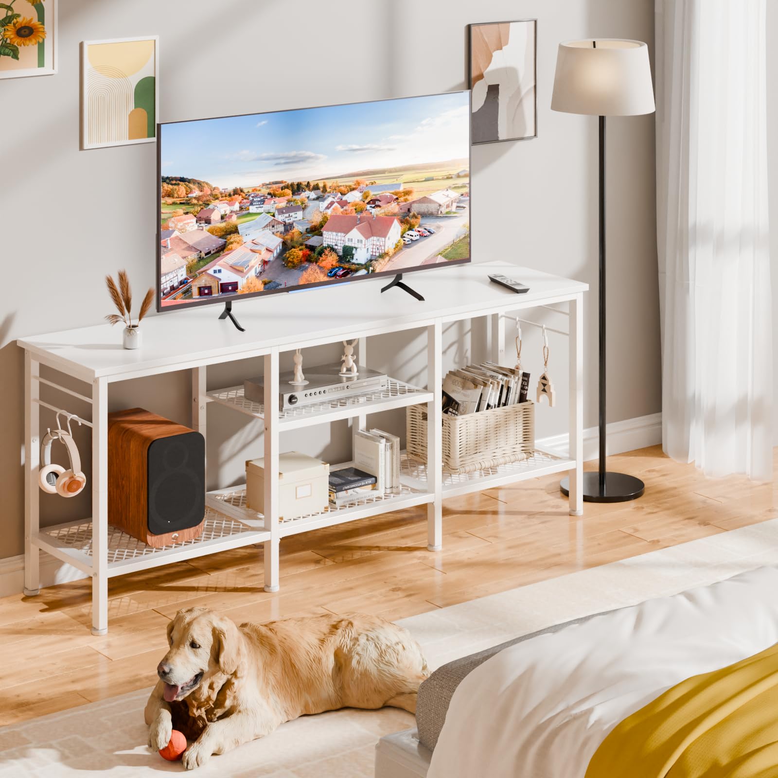 Furologee Mueble TV con estante para barra de sonido, distribución equilibrada.