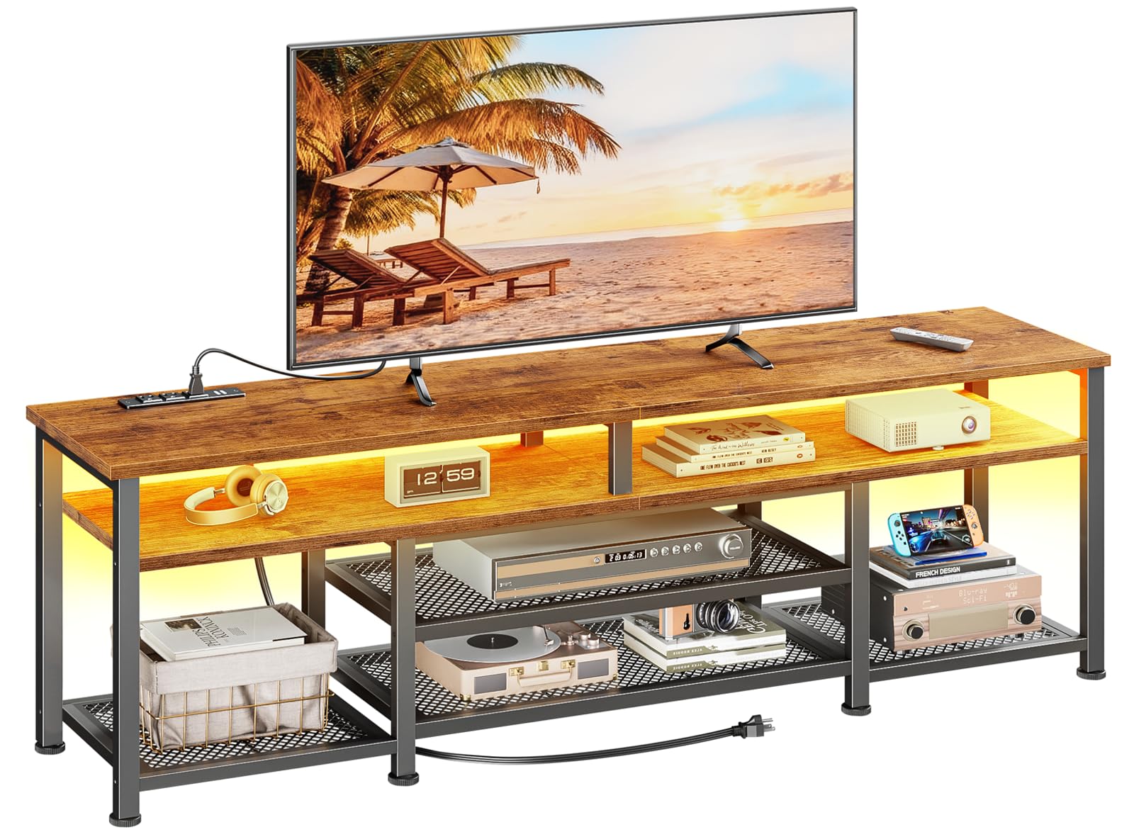 Furologee Mueble TV con luces LED que crean ambiente dinámico para entretenimiento.