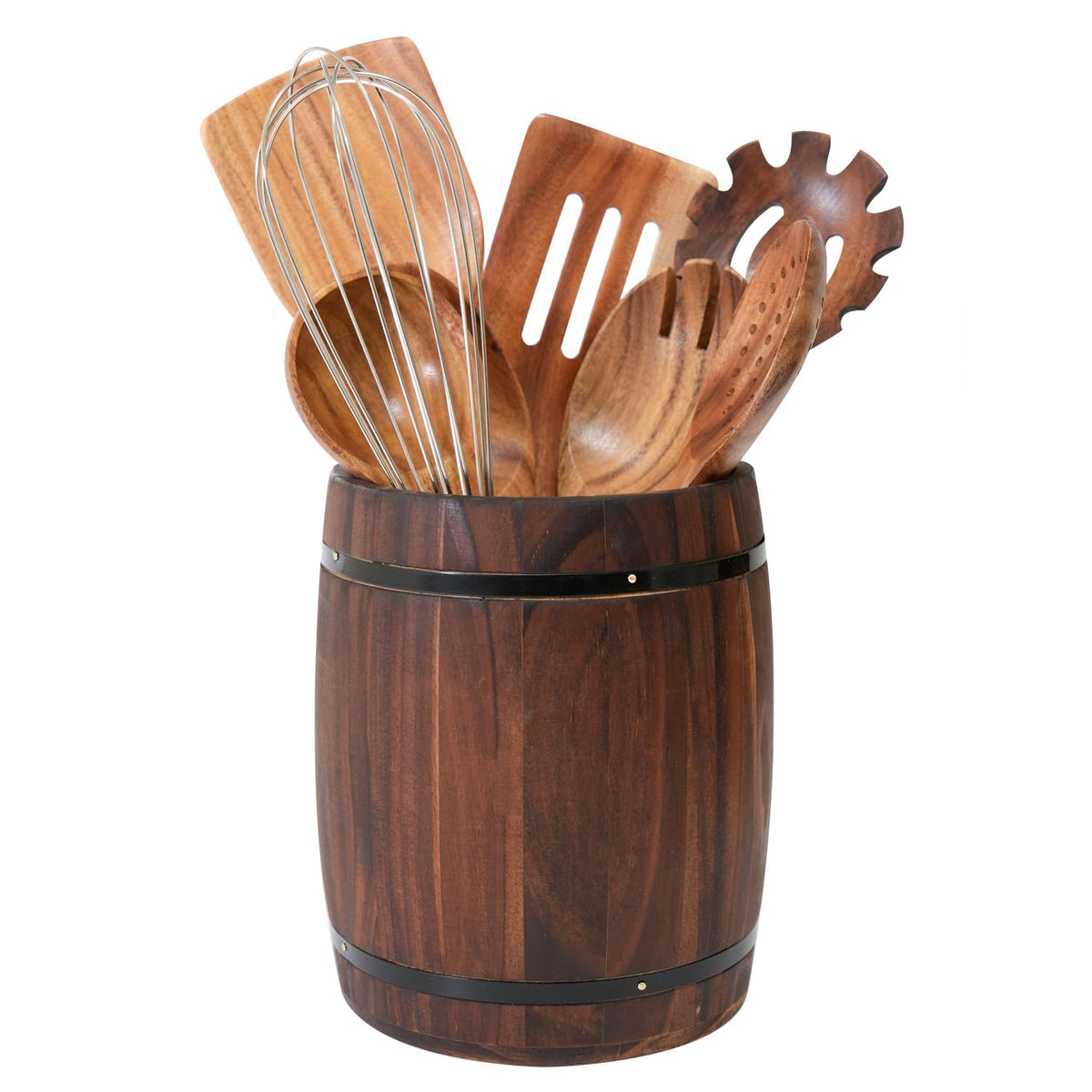 Generic barril-utensilios madera marrón: almacenamiento elegante para utensilios de cocina