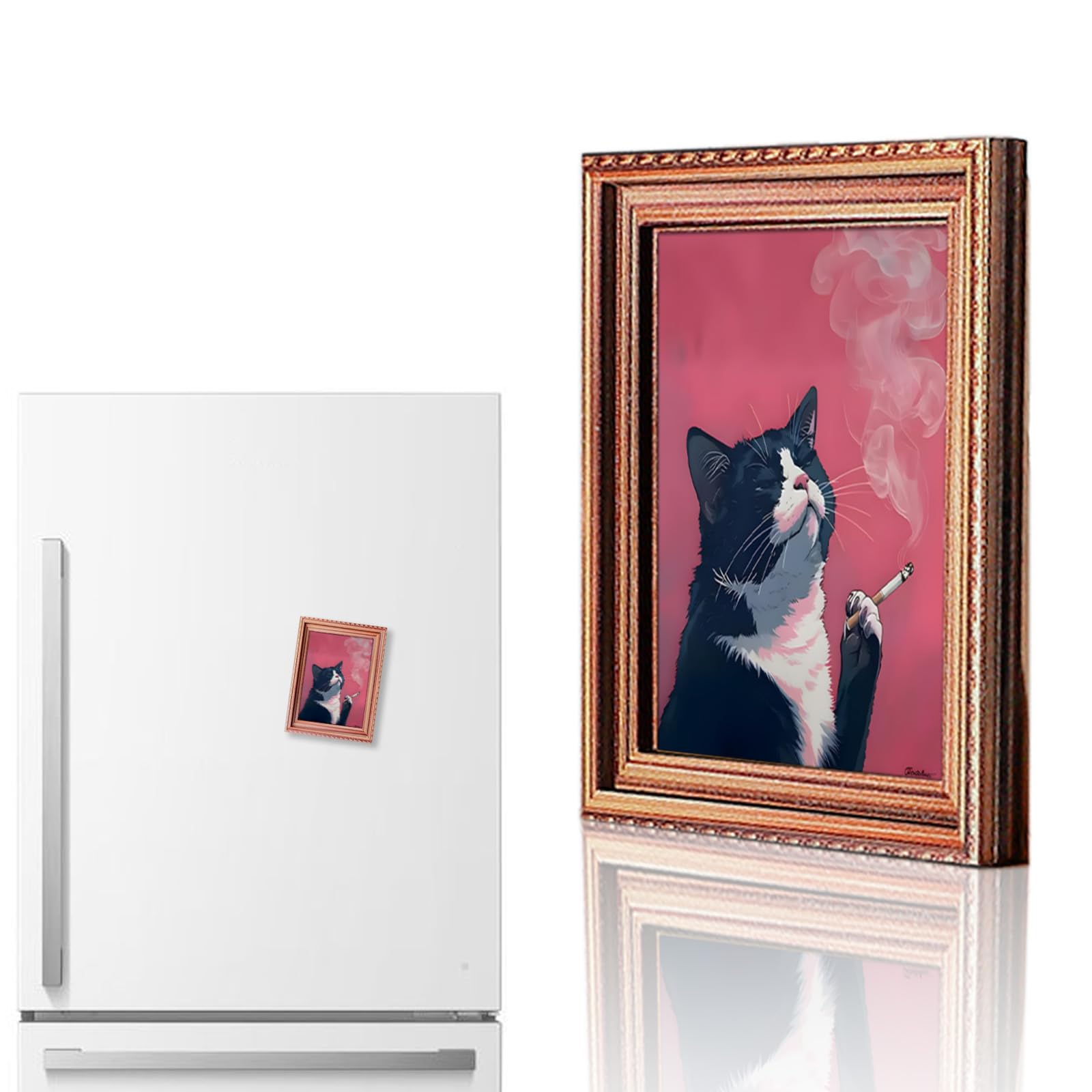 Imán genérico para nevera con marco de madera, gato retro, decoración elegante