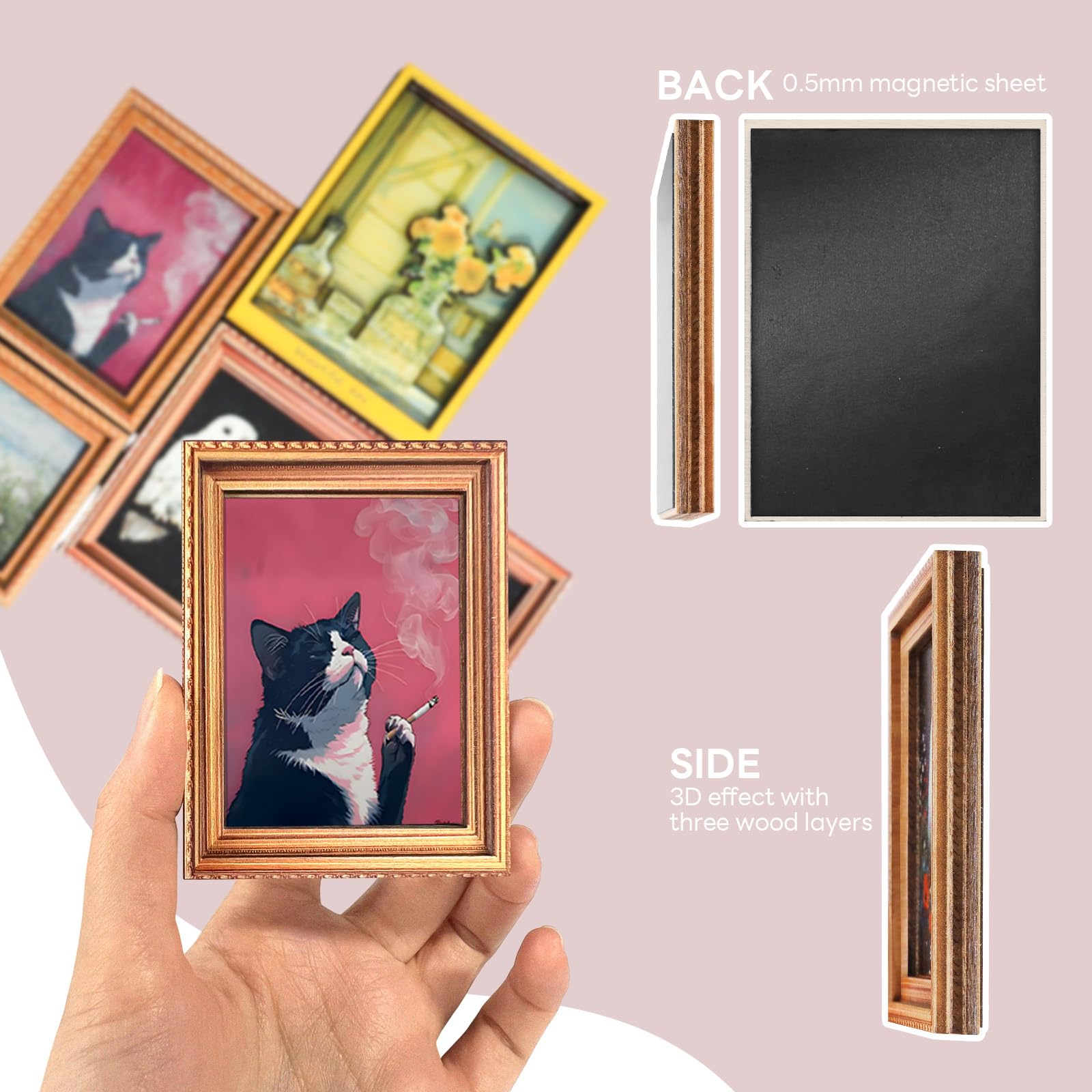 Imán genérico para nevera con marco de madera, gato retro, perfecto para notas