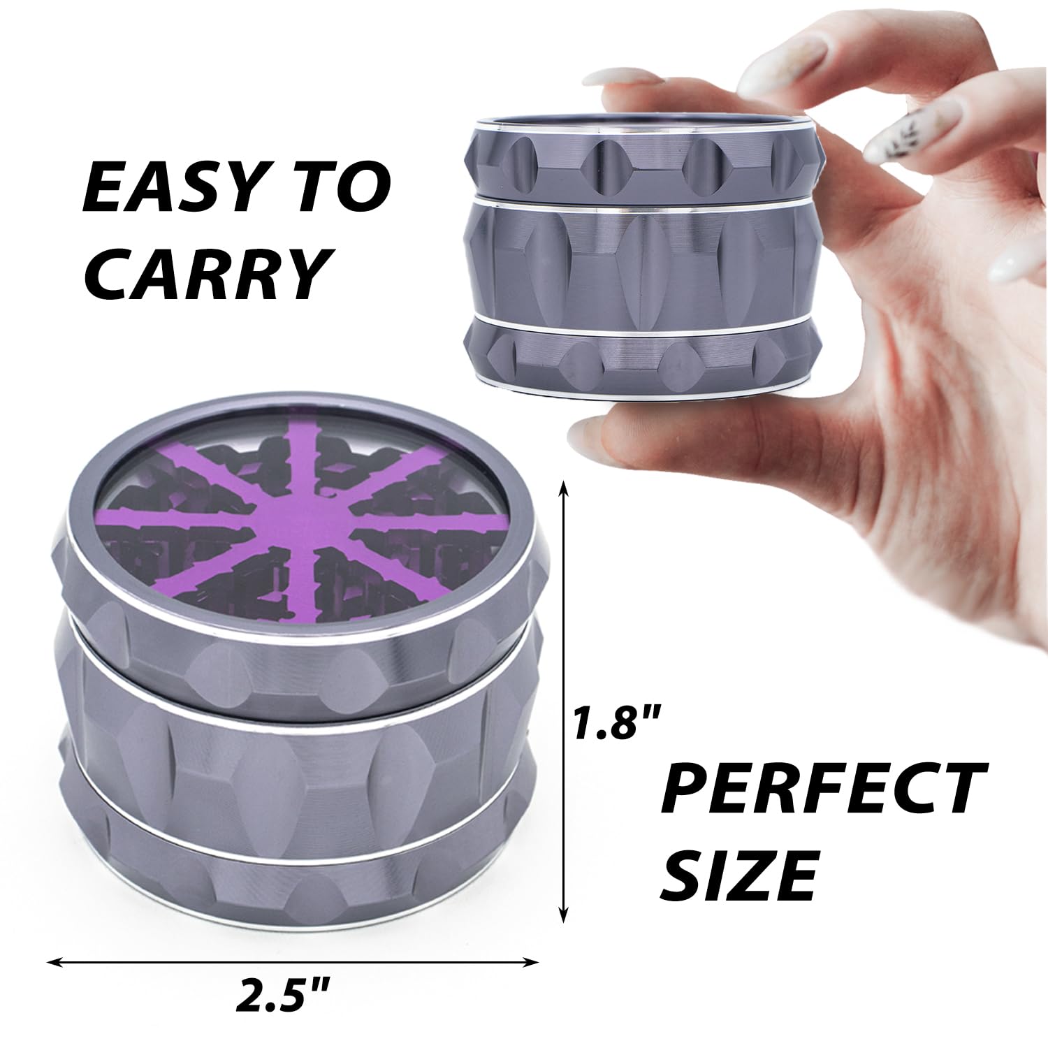 Genérico molinillo de aluminio, detalle de tapa transparente para ver la molienda