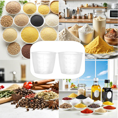 Genérico: tazas medidoras de plástico transparentes con marcas legibles