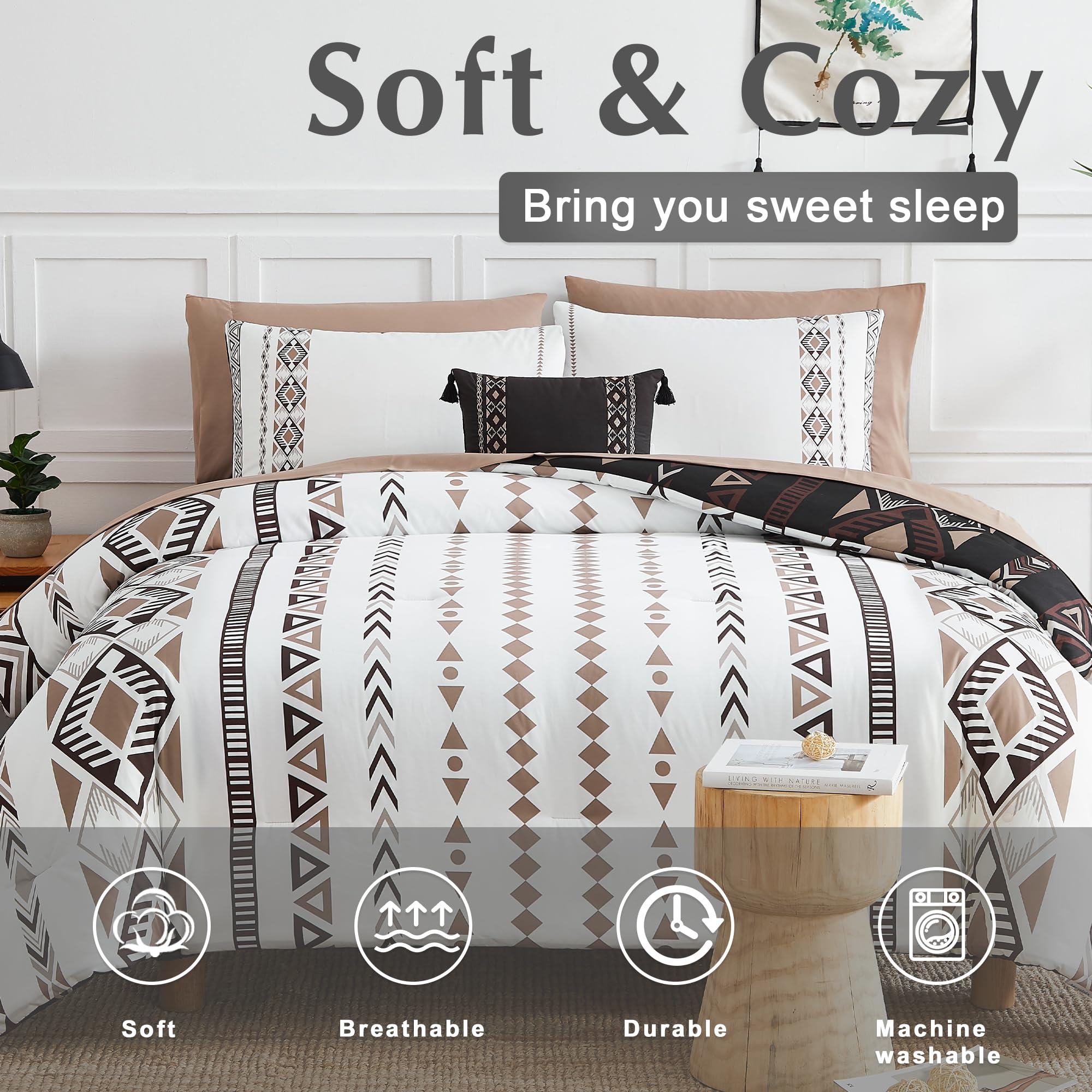 Geniospin King Size Comforter Set, diseño boho-aztec reversible para cambiar la decoración.