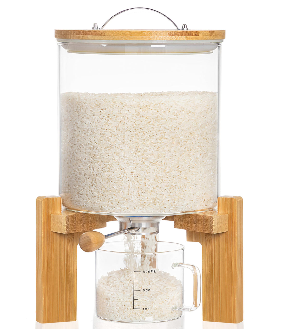 Dispensador de arroz de vidrio HBlife con soporte de madera para cocina ordenada.