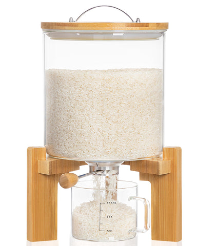 Dispensador de arroz de vidrio HBlife con soporte de madera para cocina ordenada.