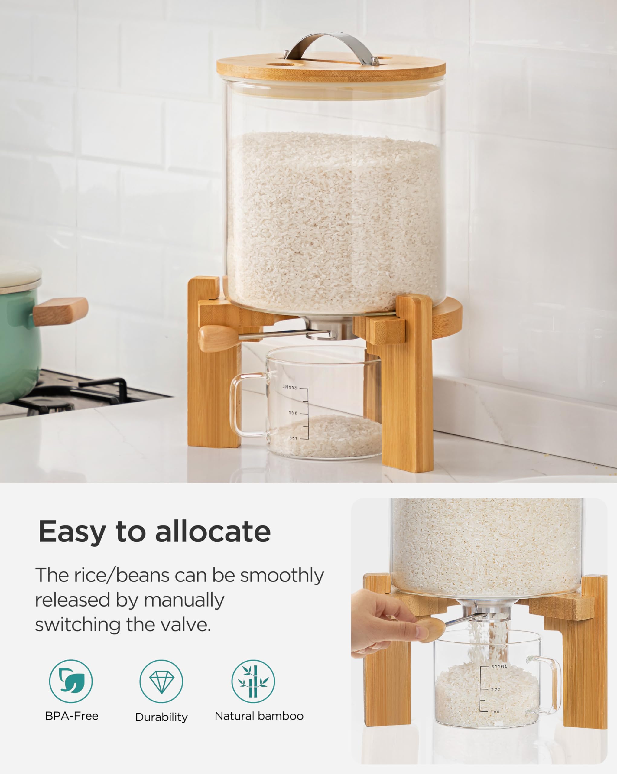 Medidor de vidrio incluido para porciones precisas con el dispensador HBlife.