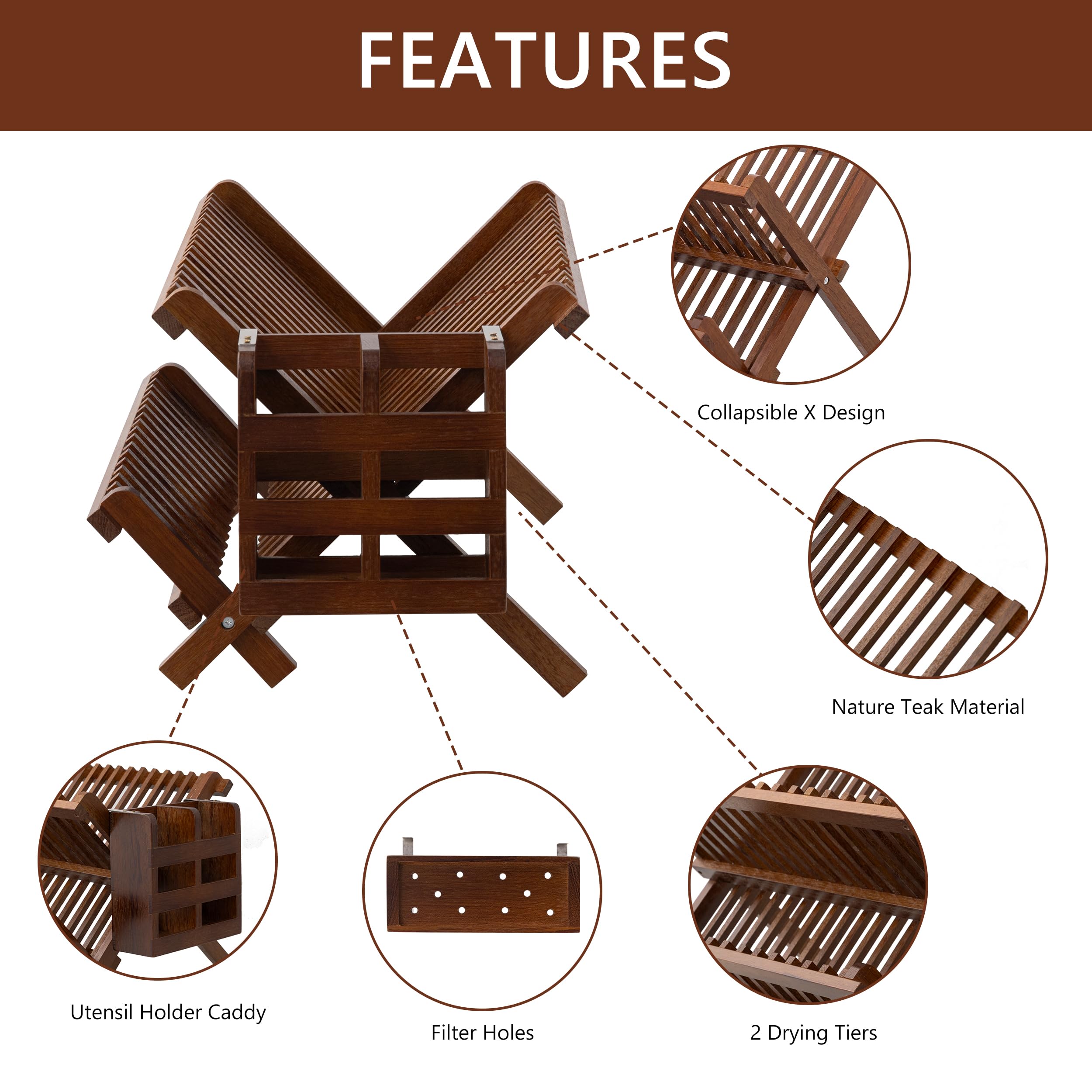 HBlife teca detalle, escurridor elegante para cocina natural