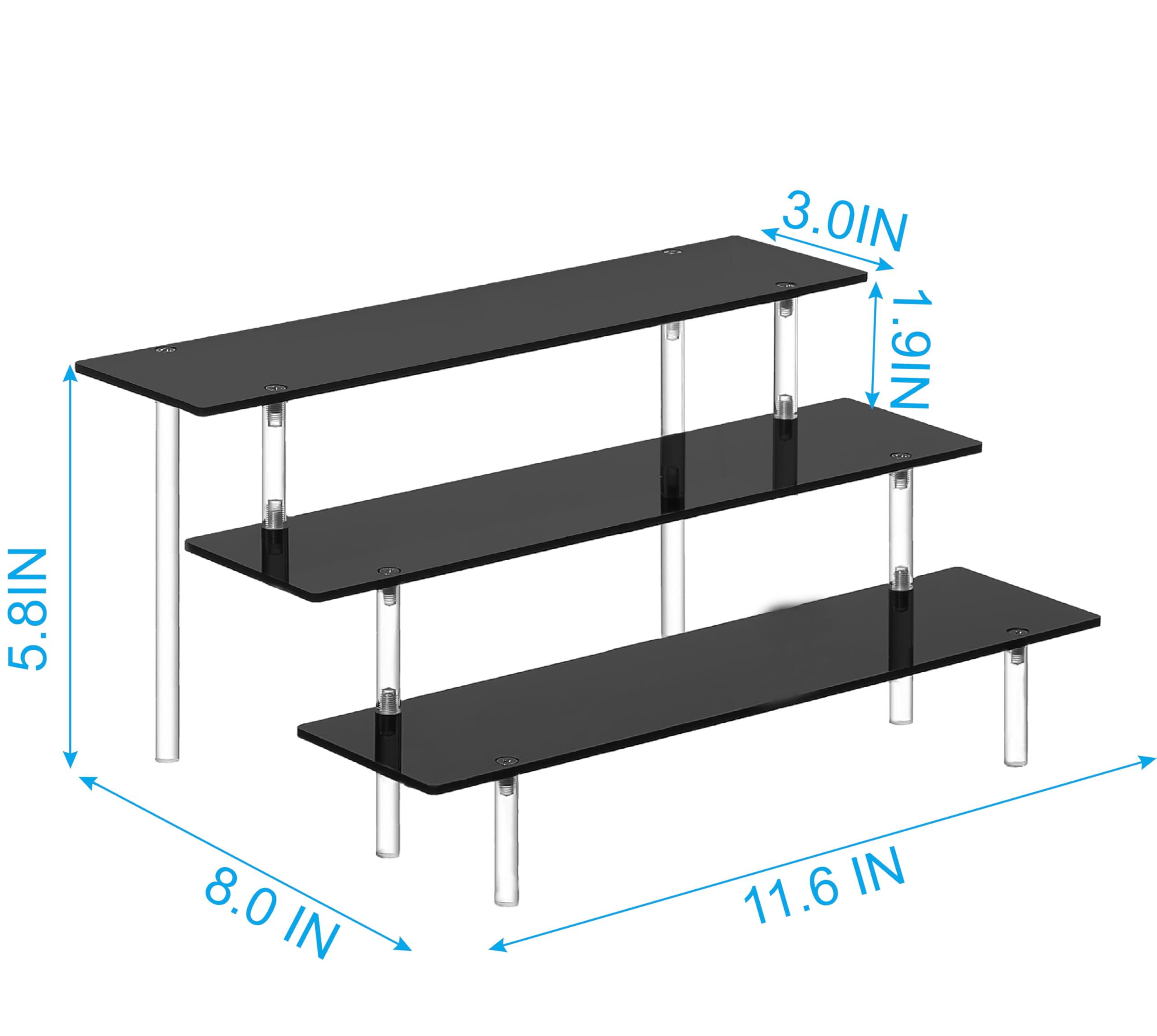 HENABLE base acrílica negra de tres niveles, montaje rápido y limpieza sencilla.