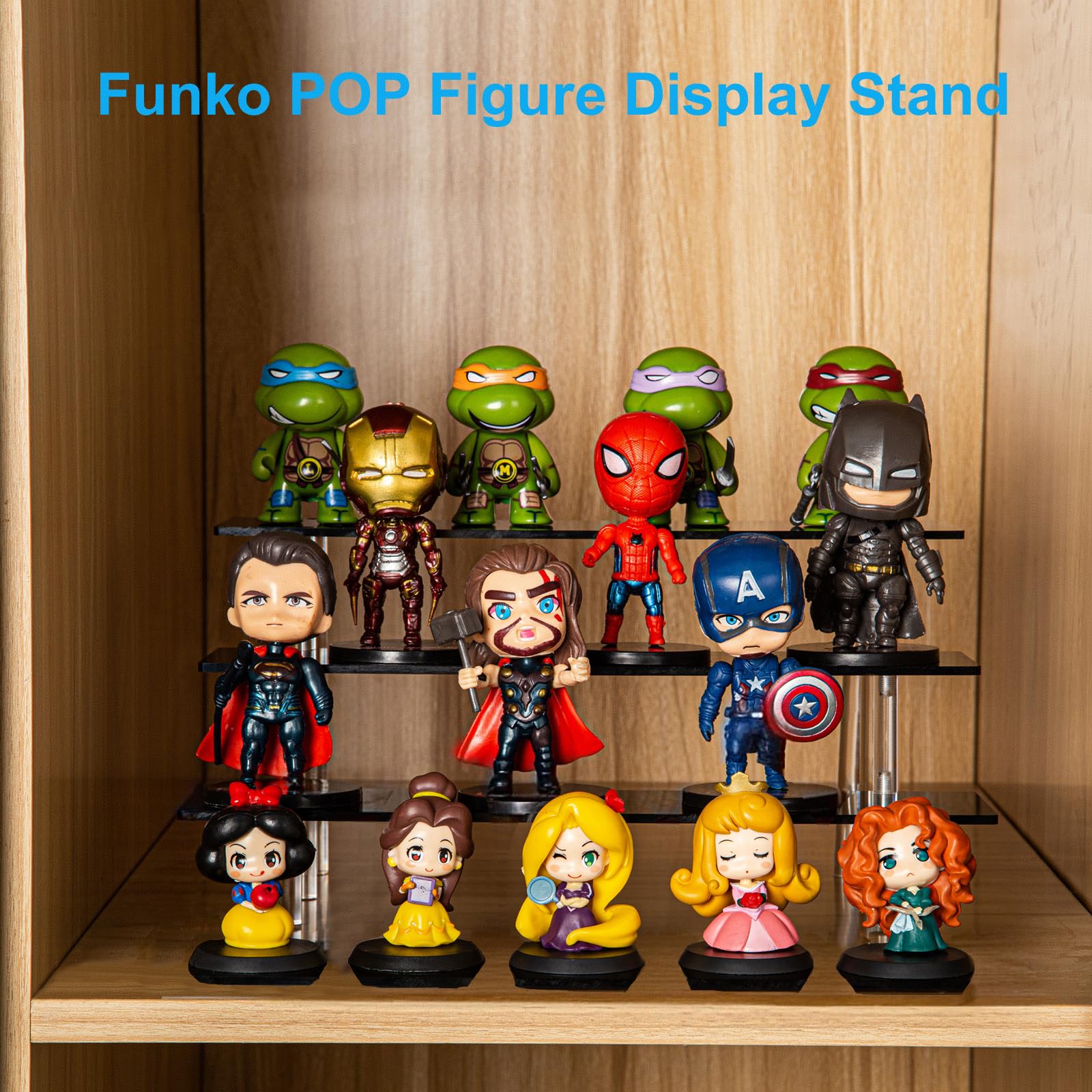 HENABLE soporte para figuras Funko Pop tres niveles negro, exhibe colección con estilo.