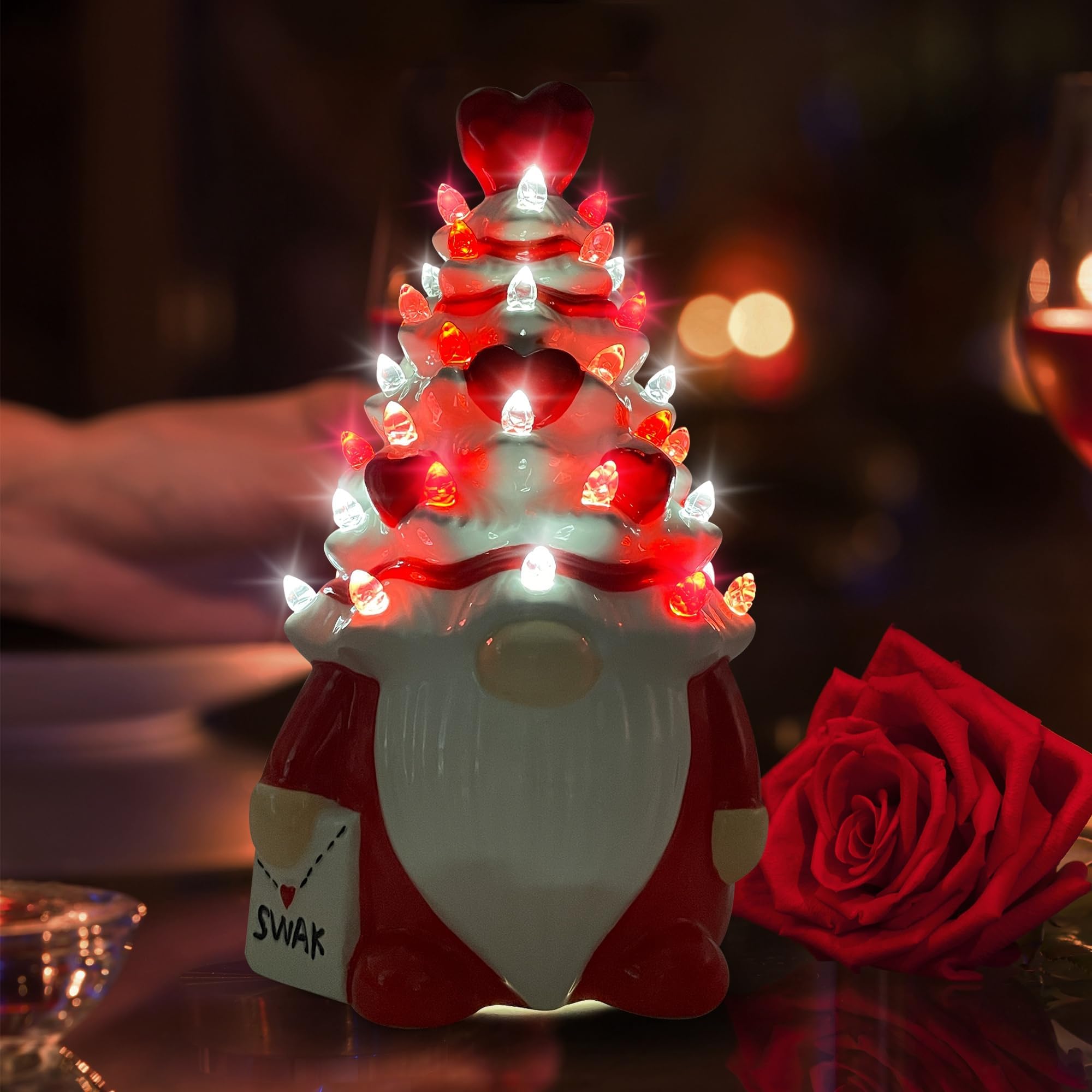 Hexagram decoracion mesa san valentín, gnomos cerámicos cálidos.