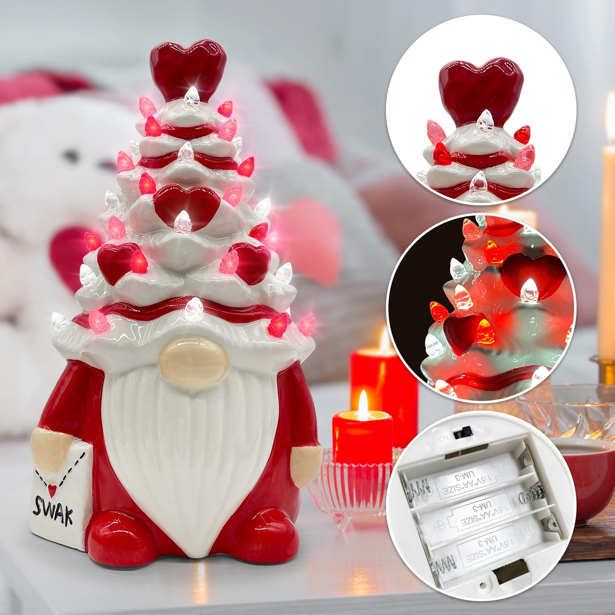 Hexagram exhibicion mesa hogar san valentín, gnomos con luz suave.