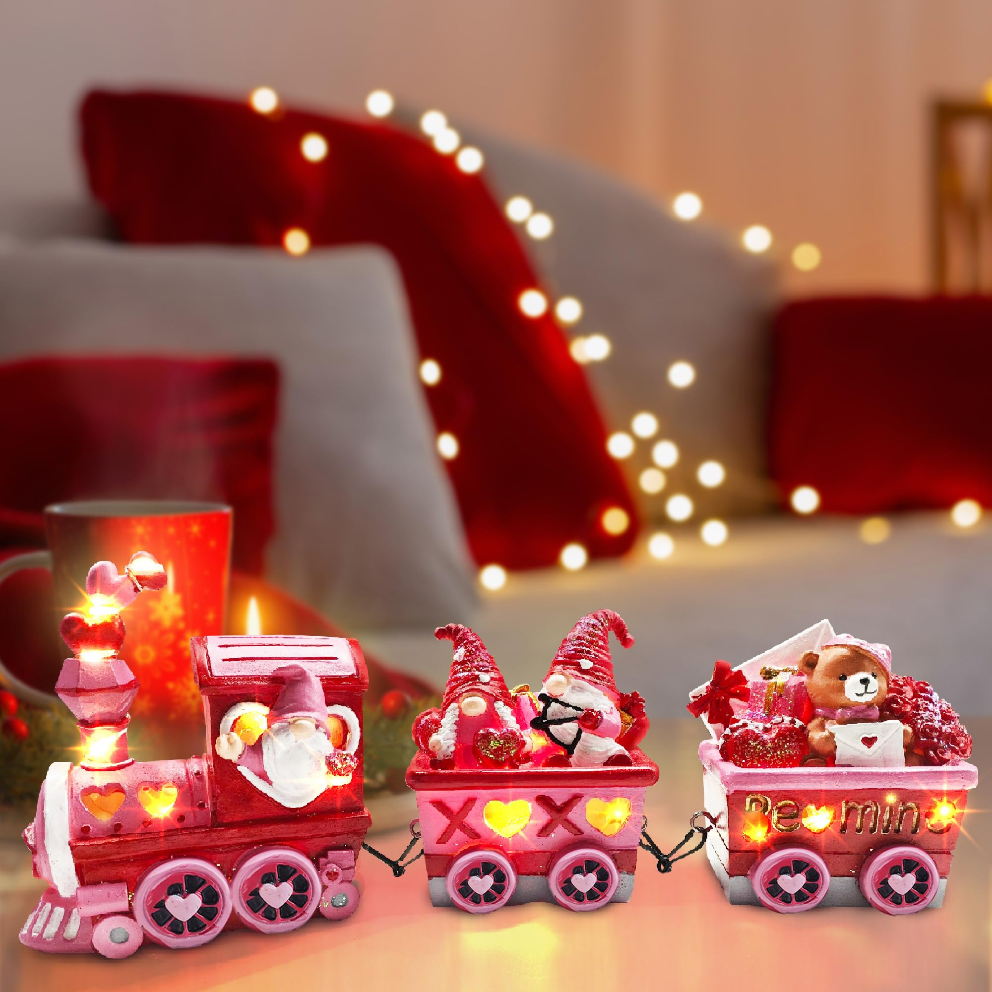 Hexagram gnomo chef conductor en tren, detalle festivo para la decoración de San Valentín.