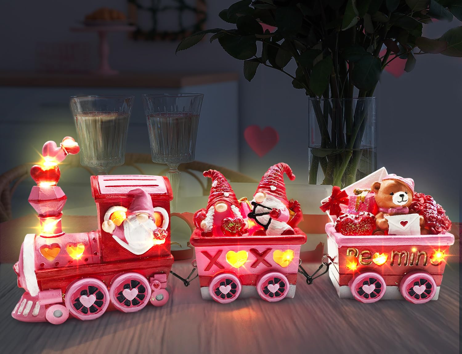 Hexagram luces cálidas del tren gnomo iluminan la habitación por la noche.