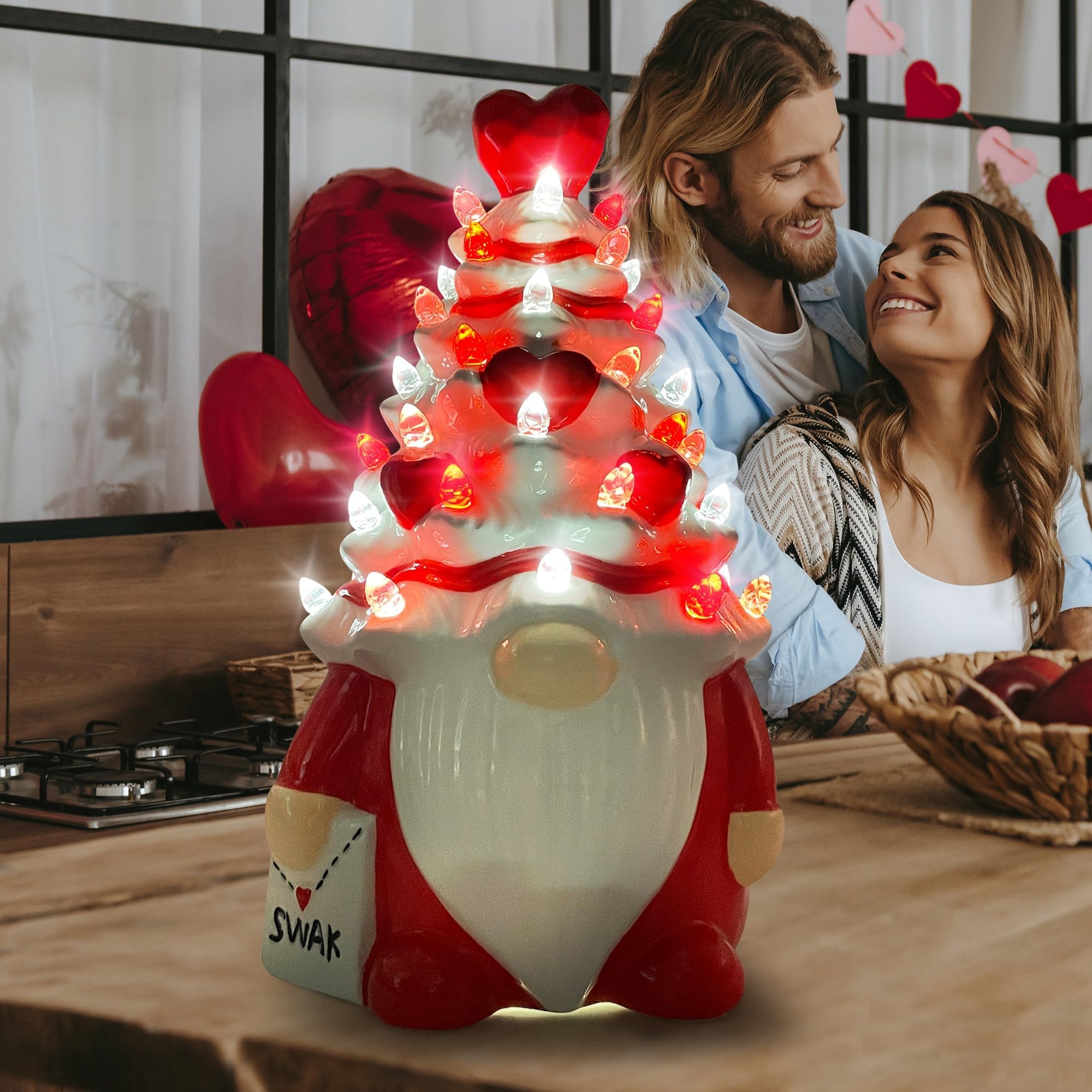 Hexagram gnomos san valentín con luces doradas, decoración romántica.