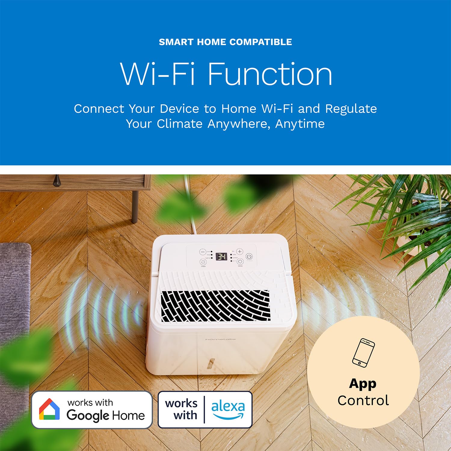 hOmeLabs Deshumidificador conectividad Wi-Fi para control remoto.