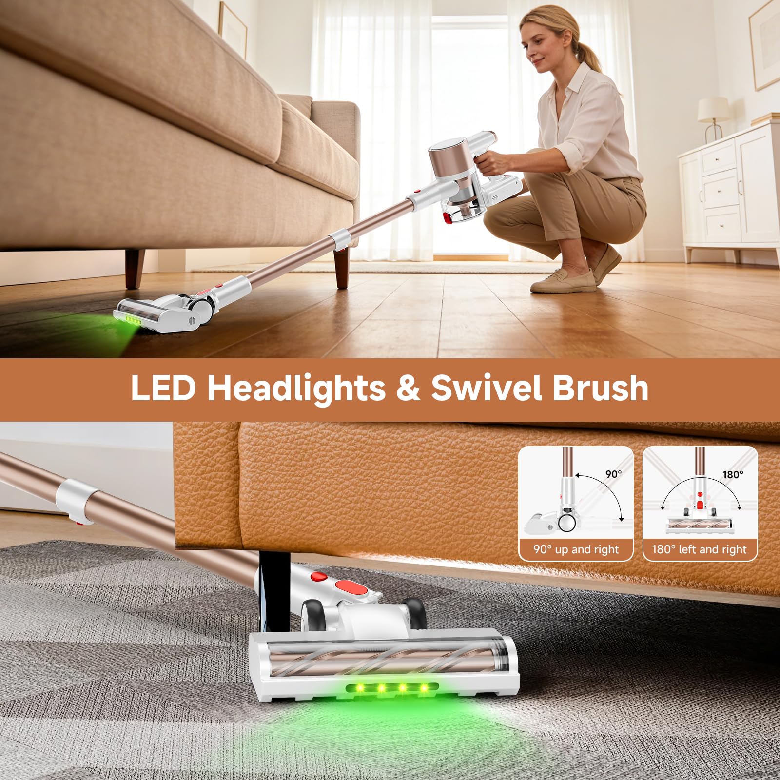 Honki iluminación LED en cabezal para ver polvo oculto en esquinas.