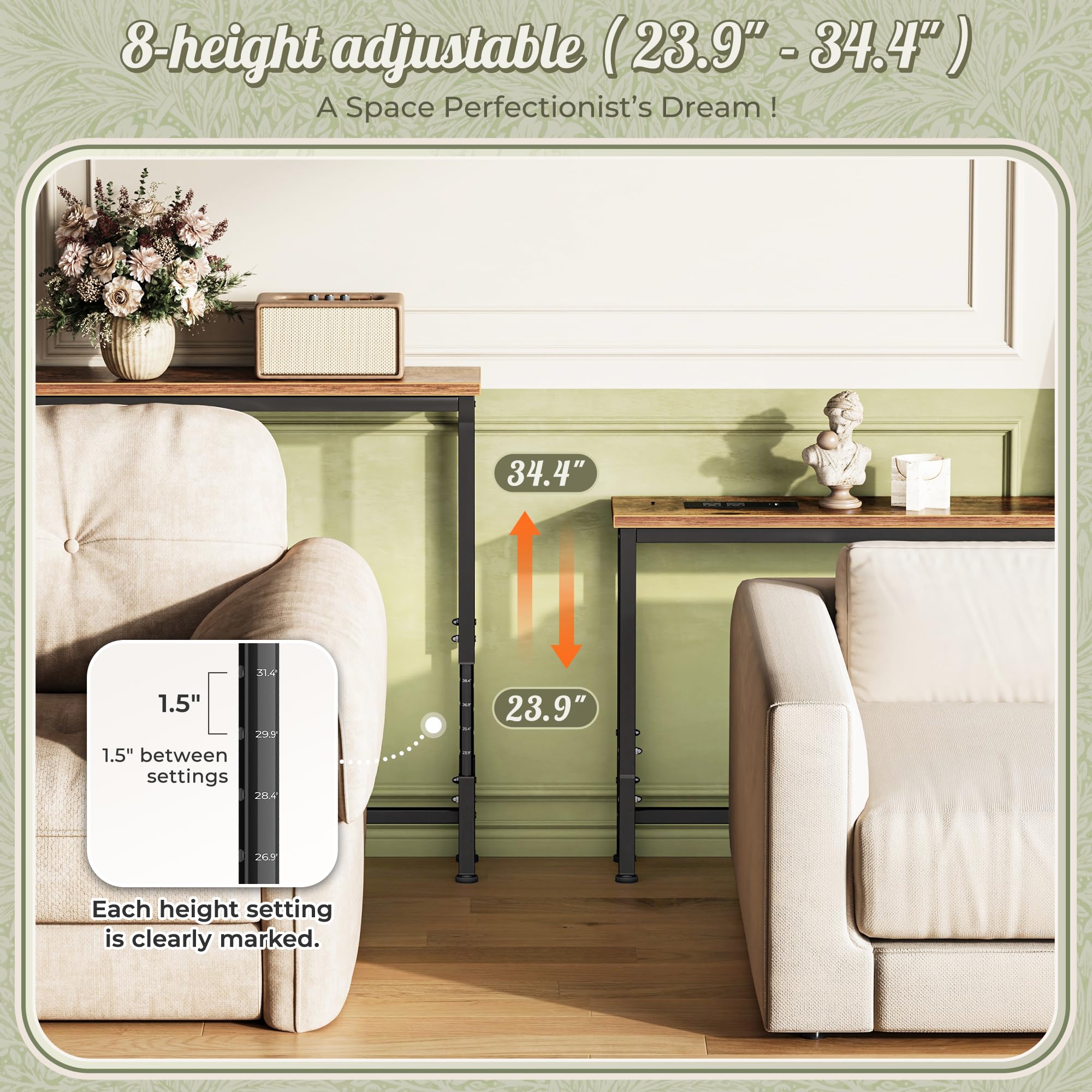 Huuger consola larga llena el hueco tras el sofá para organización.