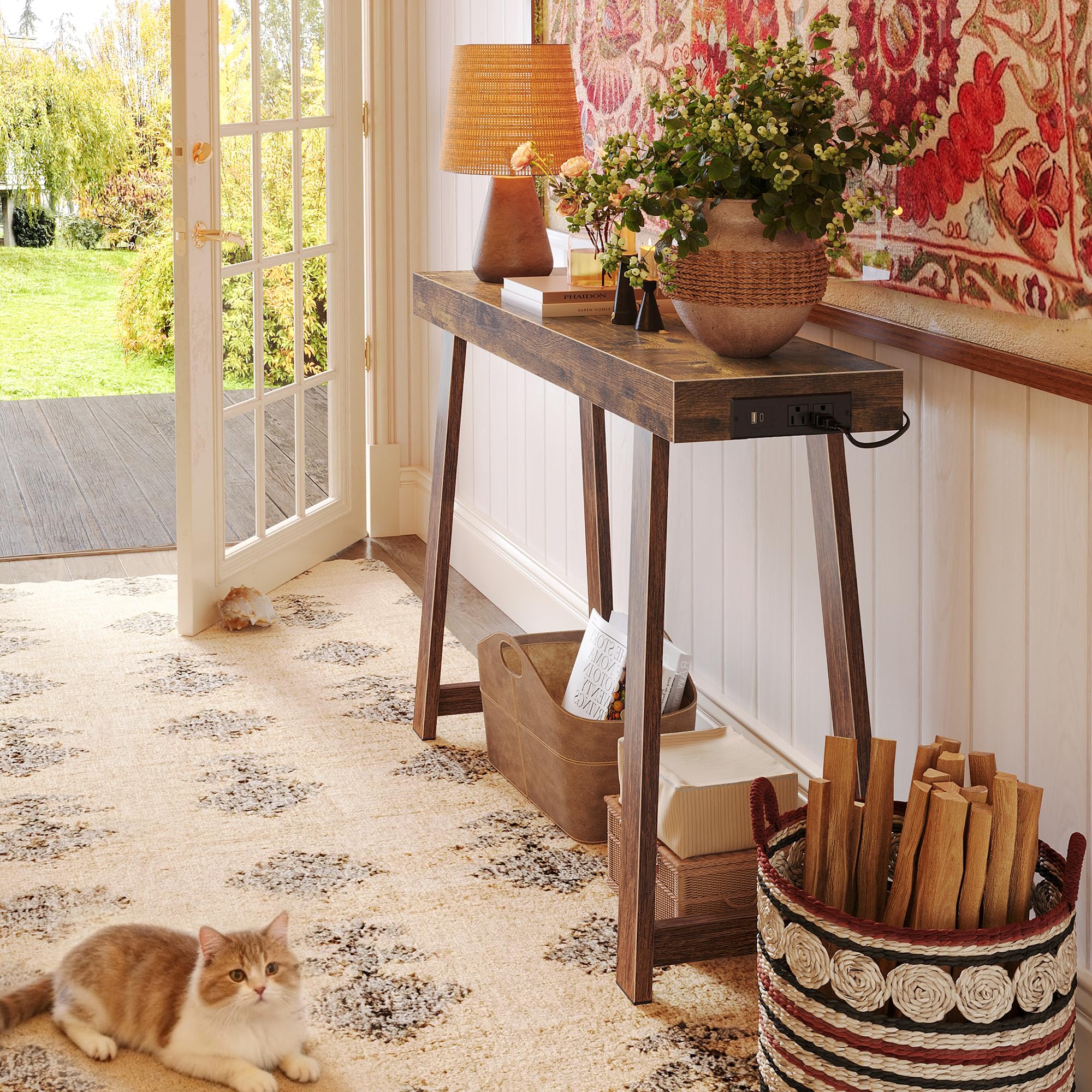 Huuger Mueble de madera rústico marrón aporta calidez y estilo a la entrada.