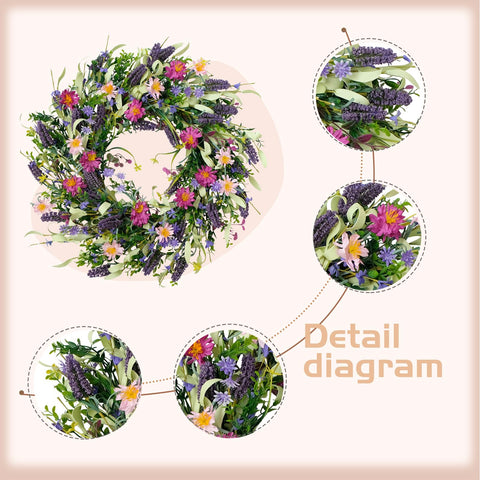  corona Idyllic artificial con lavanda y margaritas para decoración durante todo el año