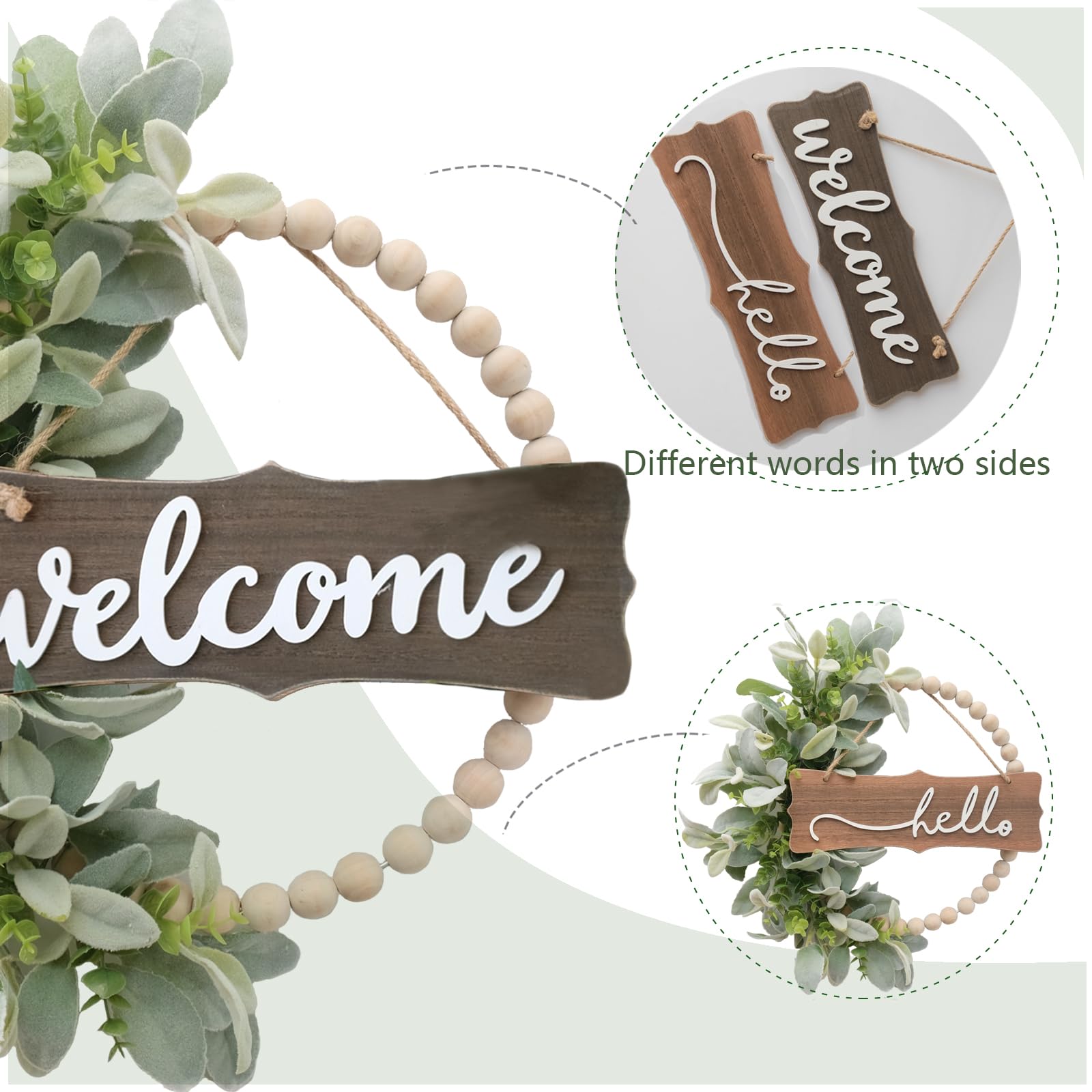 Idyllic letrero hola y bienvenido con guirnalda verde para entrada