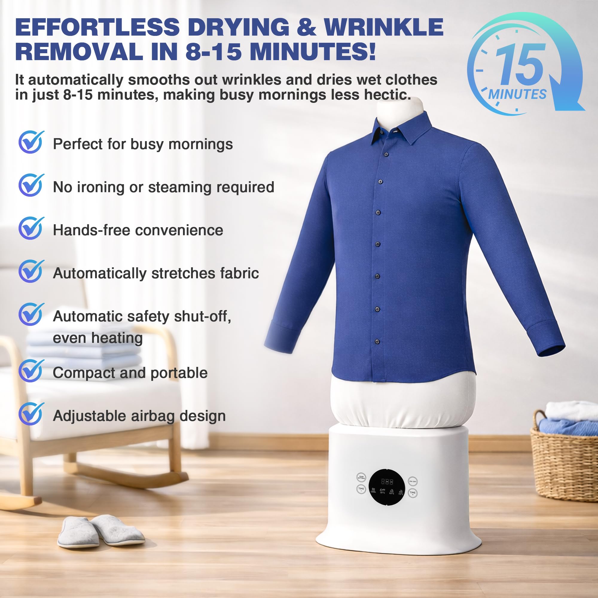 iMinorAir máquina planchado automático, panel digital, controles simples.