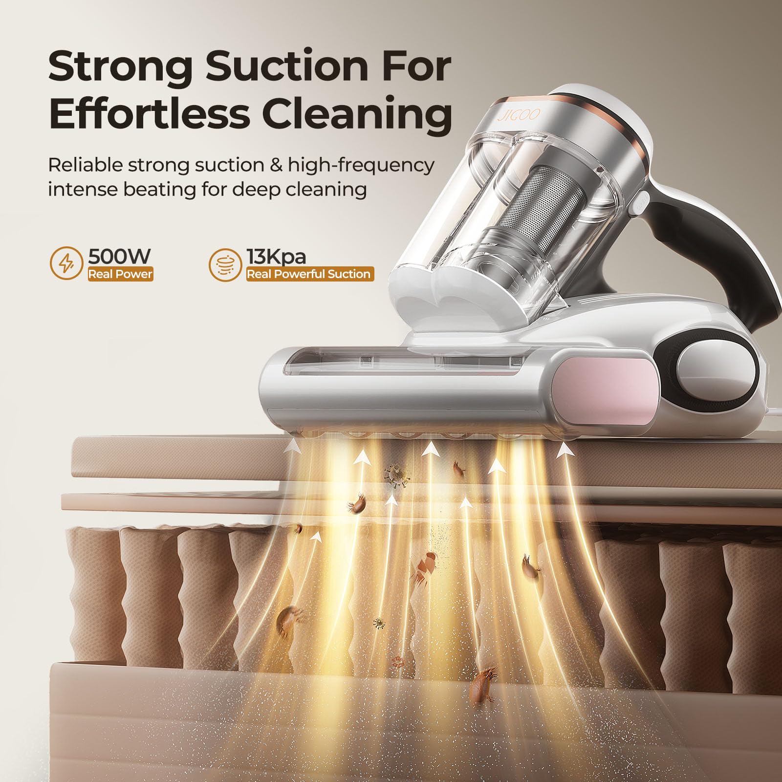 Motor de 500 W de la JIGOO J300 ofrece succión potente para colchones y pelos.