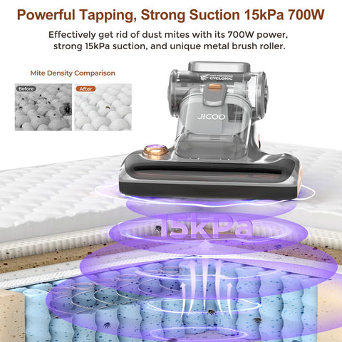 Jigoo T600 con succion potente 15KPa para colchones y sabanas, limpieza profunda.