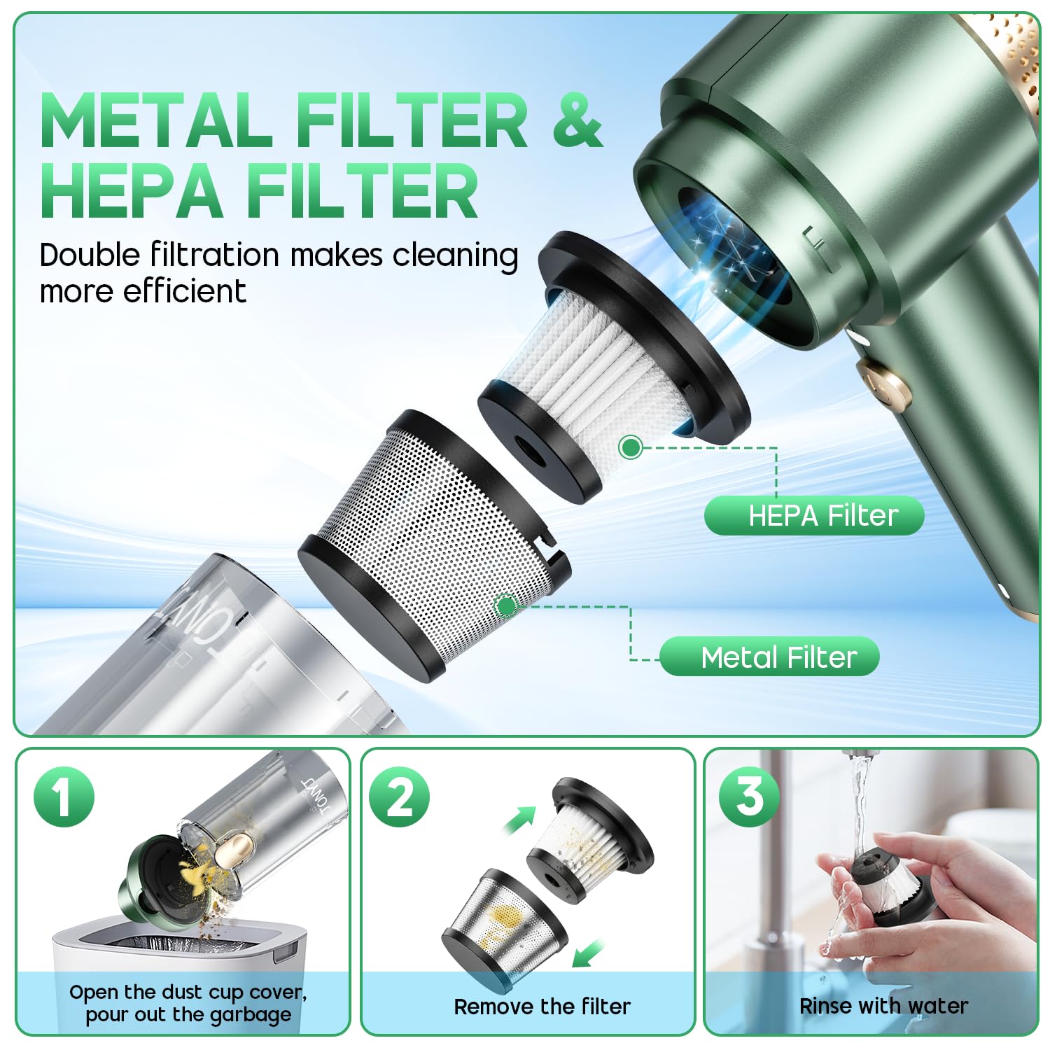 Filtro HEPA y filtro de metal para limpieza eficiente y protección del equipo