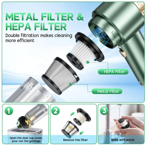 Filtro HEPA y filtro de metal para limpieza eficiente y protección del equipo