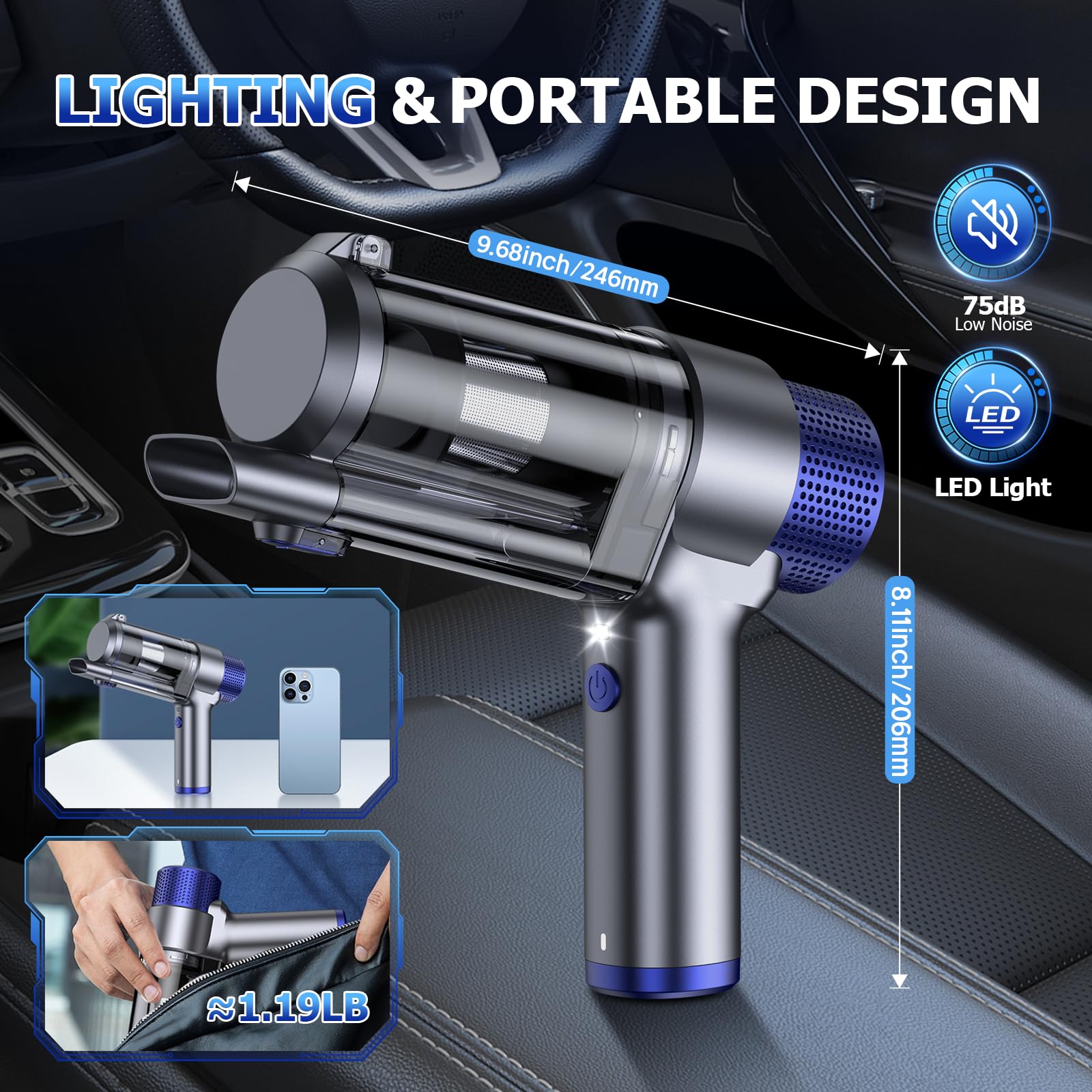 Bolsa de almacenamiento incluida para mantener accesorios y aspiradora ordenados.