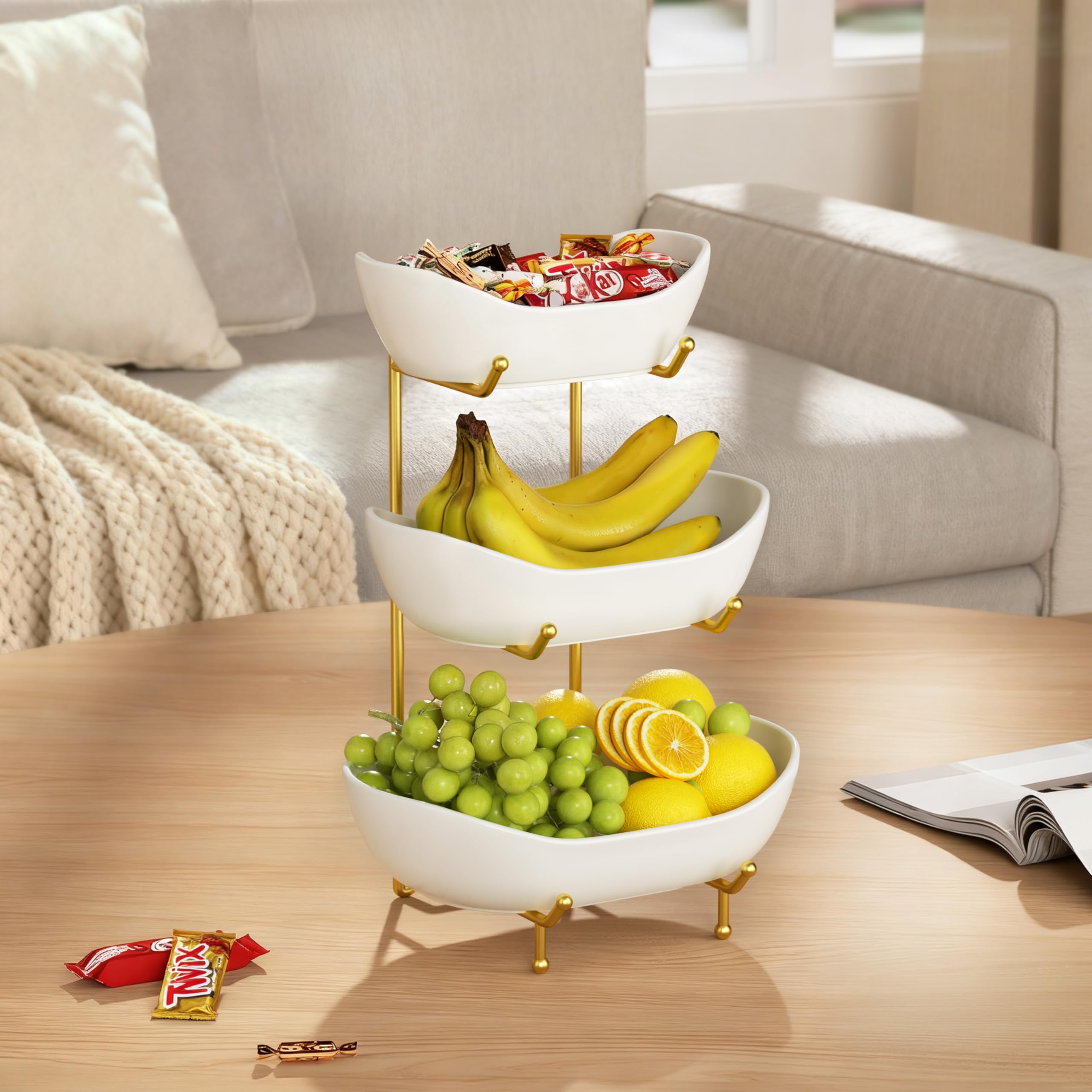 Josmimic almacenamiento-tres-niveles: ahorro de espacio para frutas, pan y dulces.